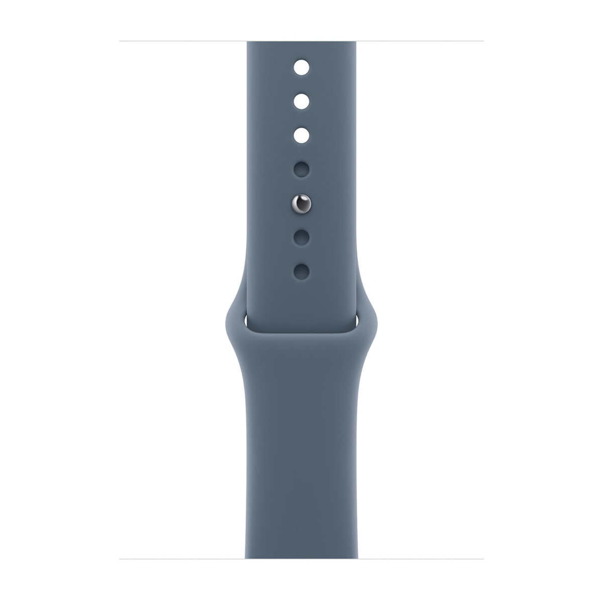 Nahaufnahme eines blau-grauen Uhrenarmbands. Das Armband hat Löcher zur Verstellung und einen Metallverschluss.