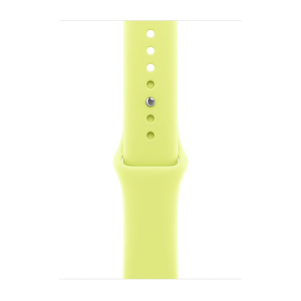 Nahaufnahme eines hellgrünen Apple Watch-Armbands vor weißem Hintergrund. Es hat mehrere Löcher und einen silbernen Stift zur Einstellung.