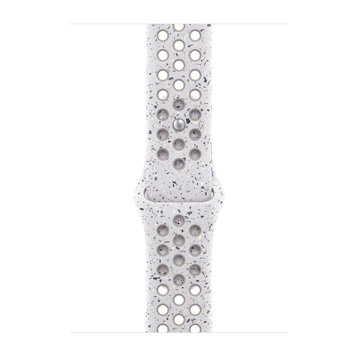 Un cinturino bianco per Apple Watch con accenti maculati grigi e blu. Ha diversi fori circolari e una chiusura.