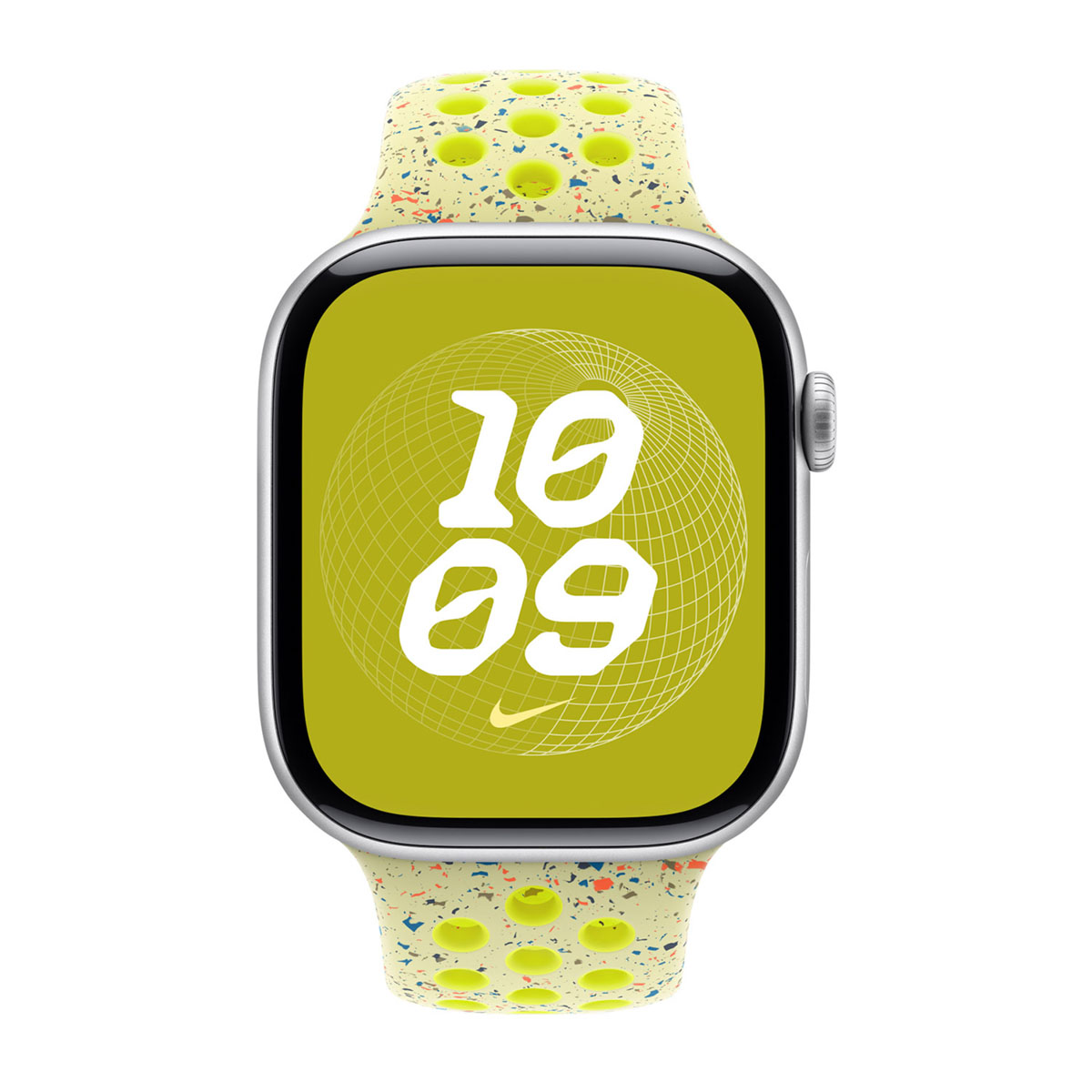Apple Watch con cinturino verde chiaro, che mostra l'ora 10:09. Il cinturino ha punti gialli e macchie colorate.