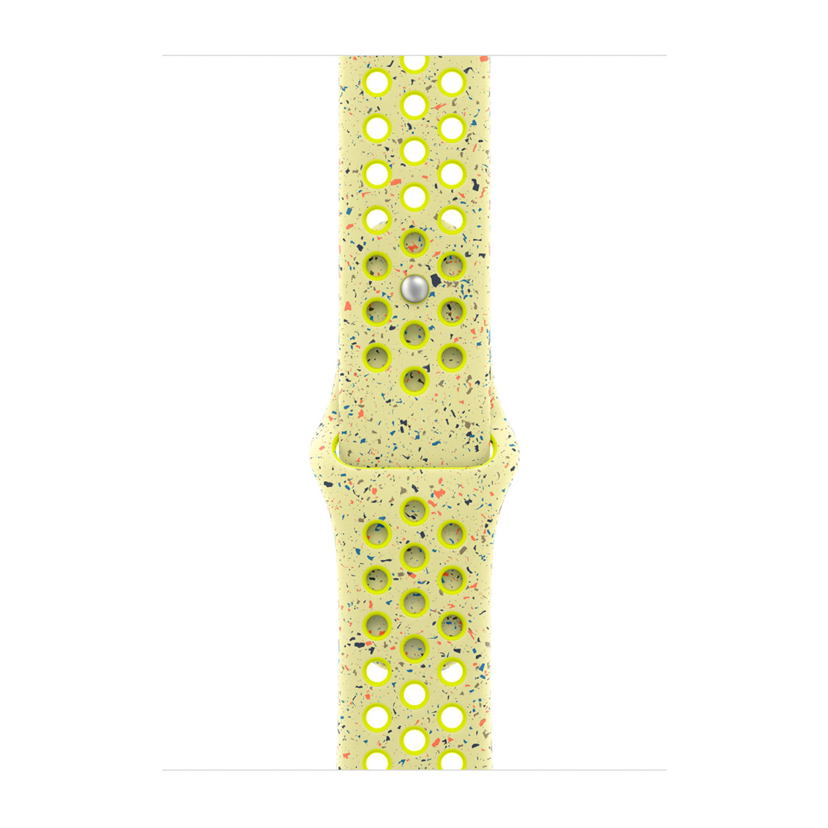 Una correa amarilla para Apple Watch con un patrón tipo terrazo de pequeñas motas coloridas y agujeros redondos delineados en verde neón.