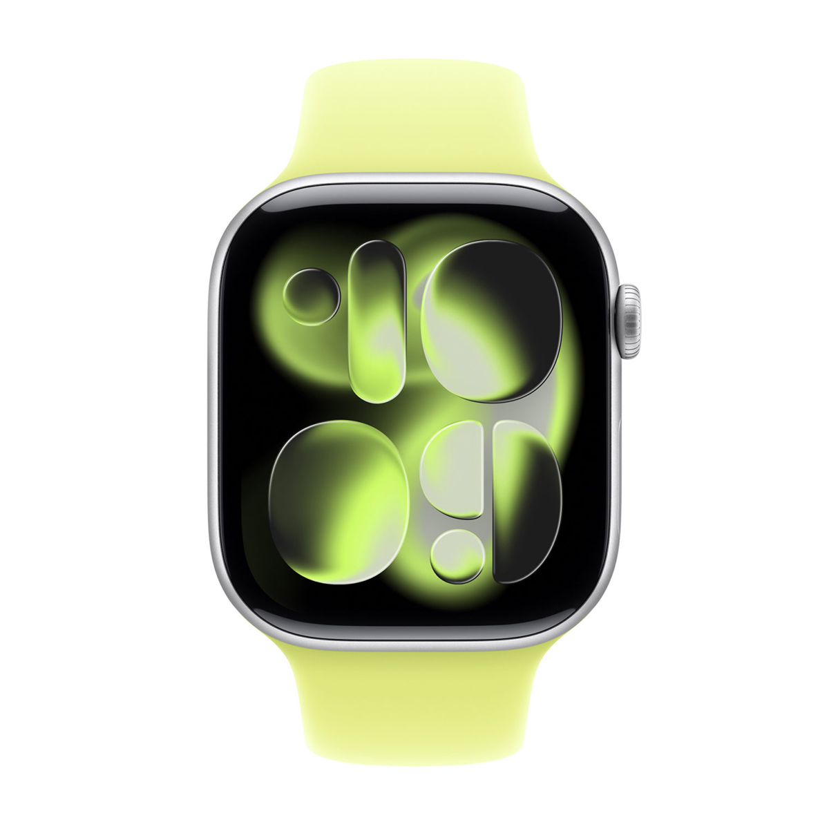 Primer plano de un reloj inteligente con correa verde claro y pantalla oscura con formas verdes abstractas.