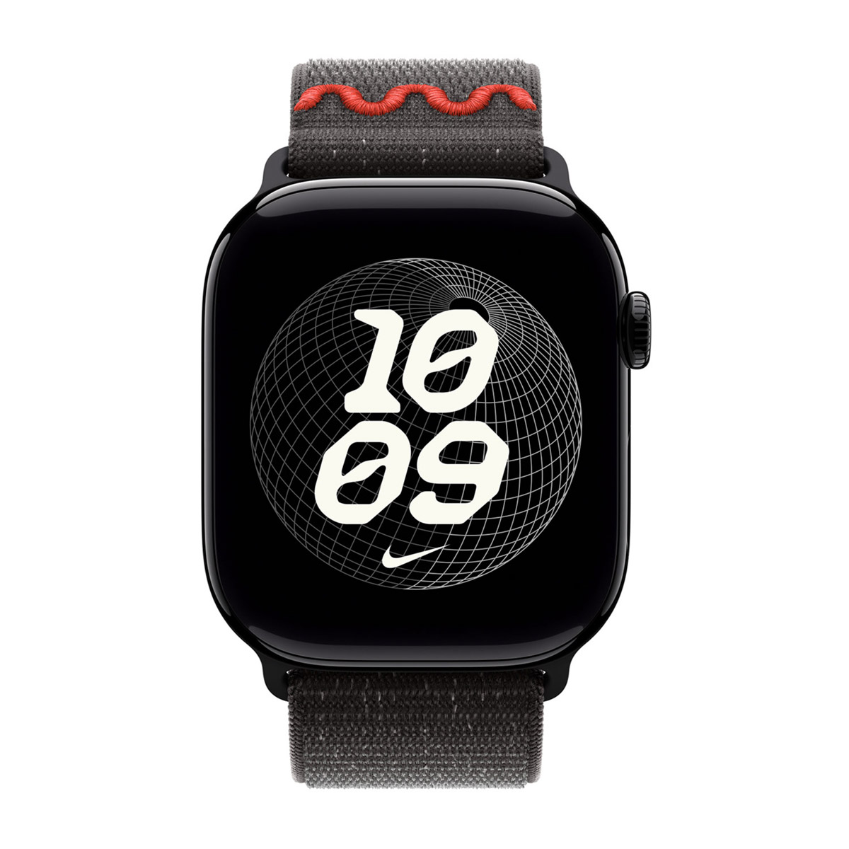 Apple Watch nera con cinturino grigio e cuciture rosse. Lo schermo mostra l'ora 10:09 con il logo Nike.