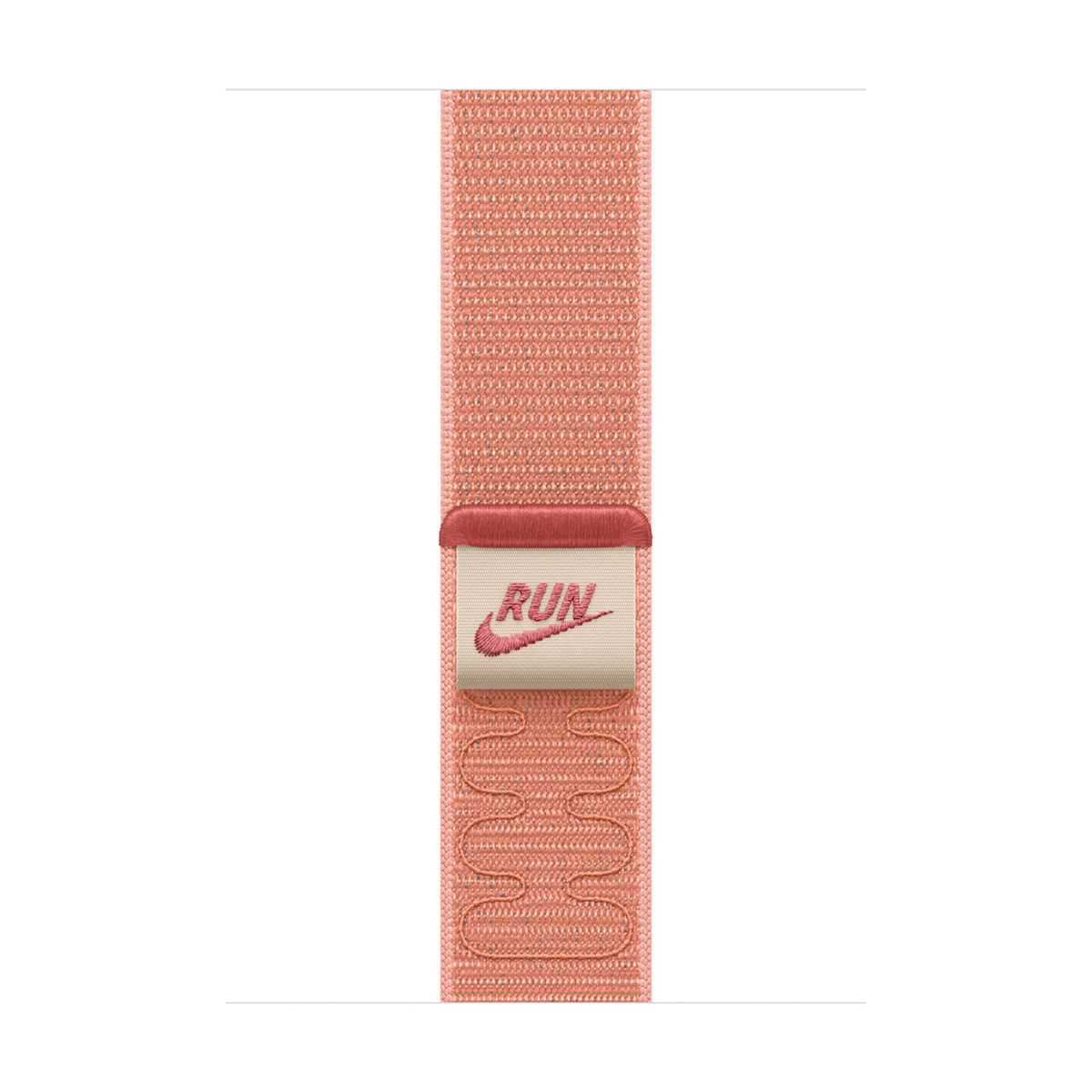 Un cinturino color pesca con 'RUN' e logo Nike. Il cinturino ha una texture tessuta dettagliata. C'è una linguetta rosso scuro in alto.
