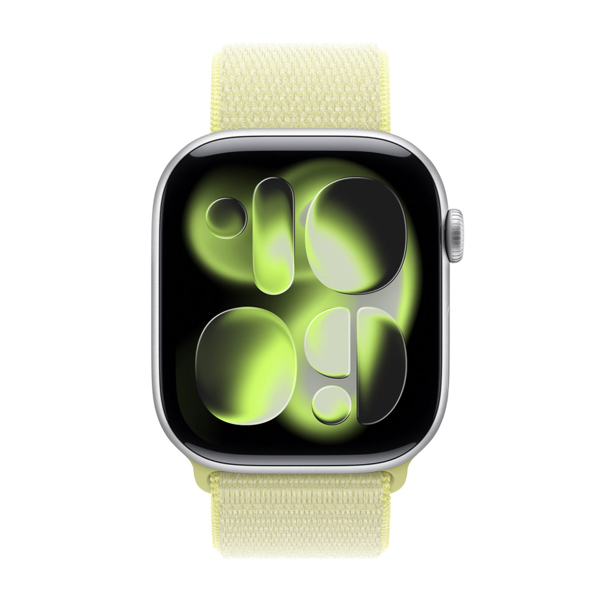 Eine silberne Apple Watch mit hellgelbem Armband. Das Zifferblatt zeigt die Uhrzeit mit einem grünen Farbverlauf an.