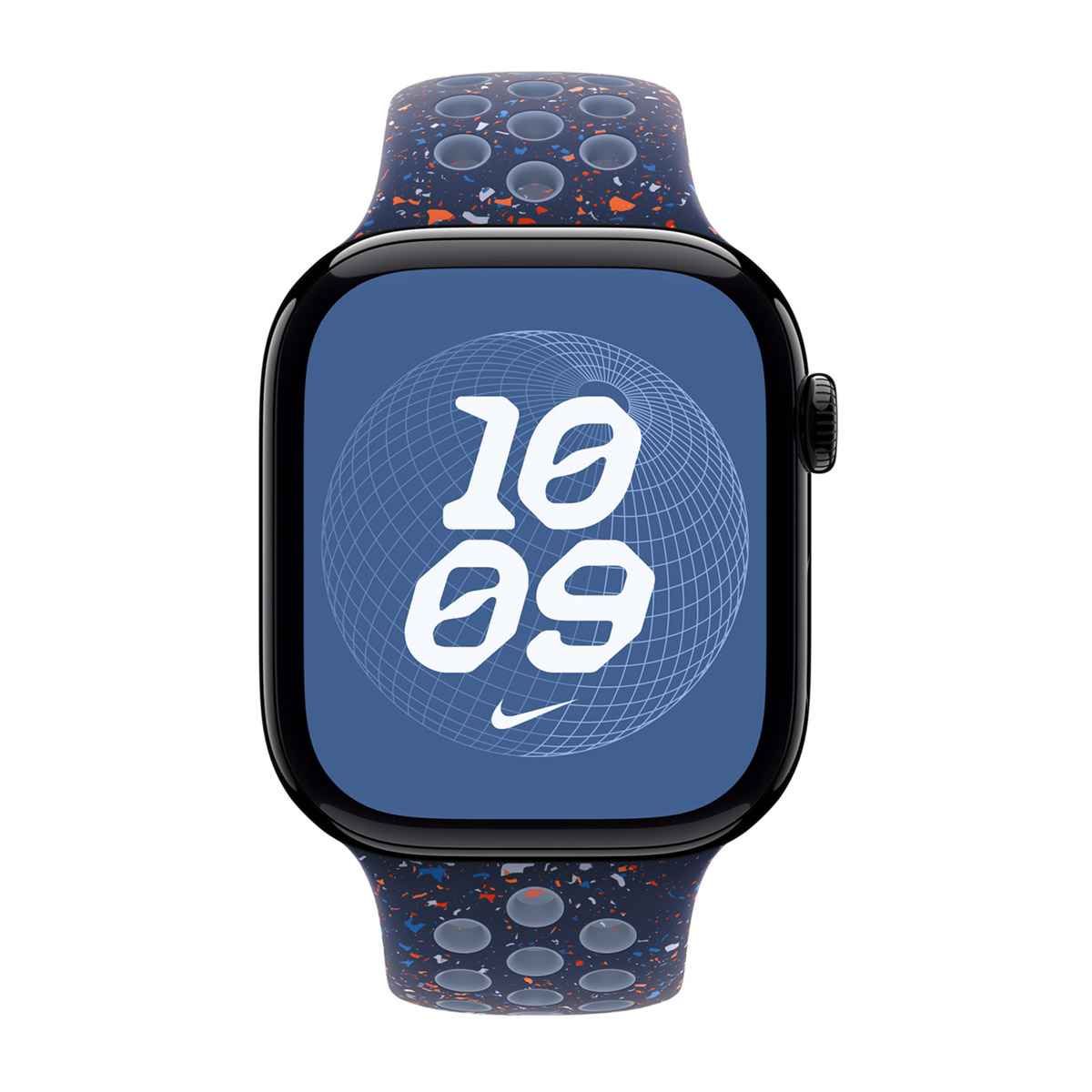 Uno smartwatch con schermo blu mostra l'ora 10:09. L'orologio ha un cinturino blu con macchie arancioni e bianche.