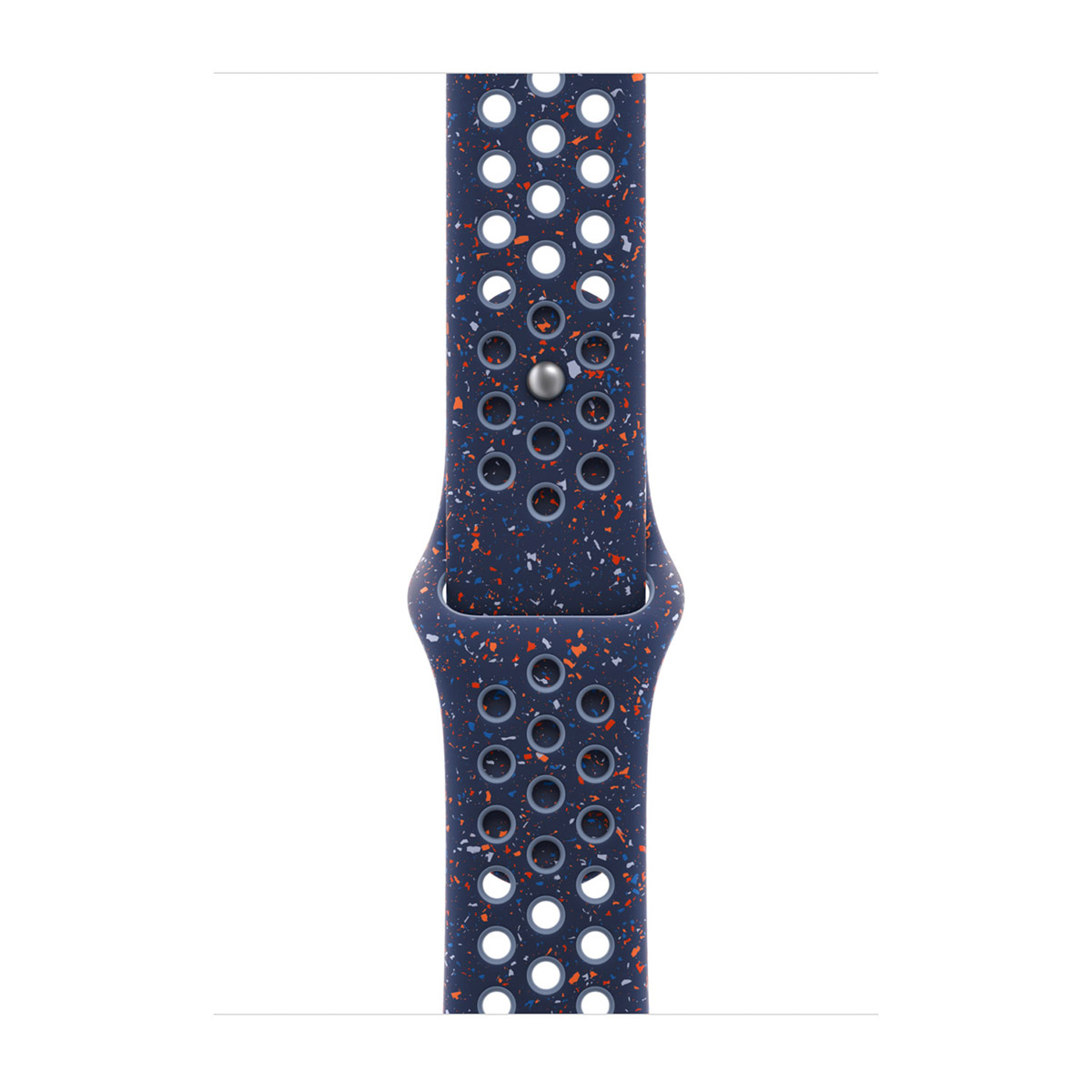 Primo piano di un cinturino per orologio blu e arancione maculato con perforazioni circolari e chiusura argentata, su sfondo bianco.