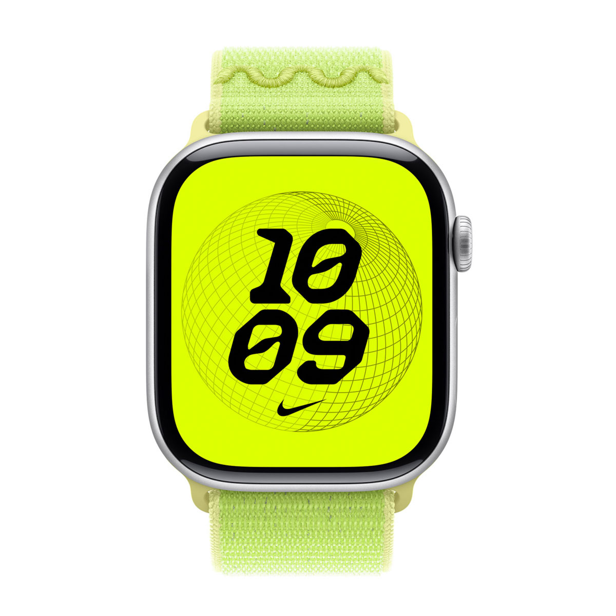 Apple Watch Nike. Cinturino verde brillante con schermo verde neon che mostra 10:09, logo Nike e un globo.