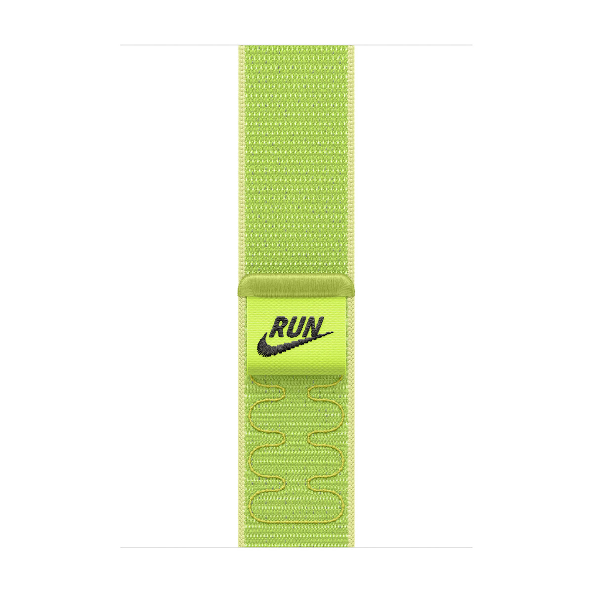 Un cinturino verde con logo RUN e Nike. Il cinturino è di colore verde chiaro con una toppa giallo-verde.