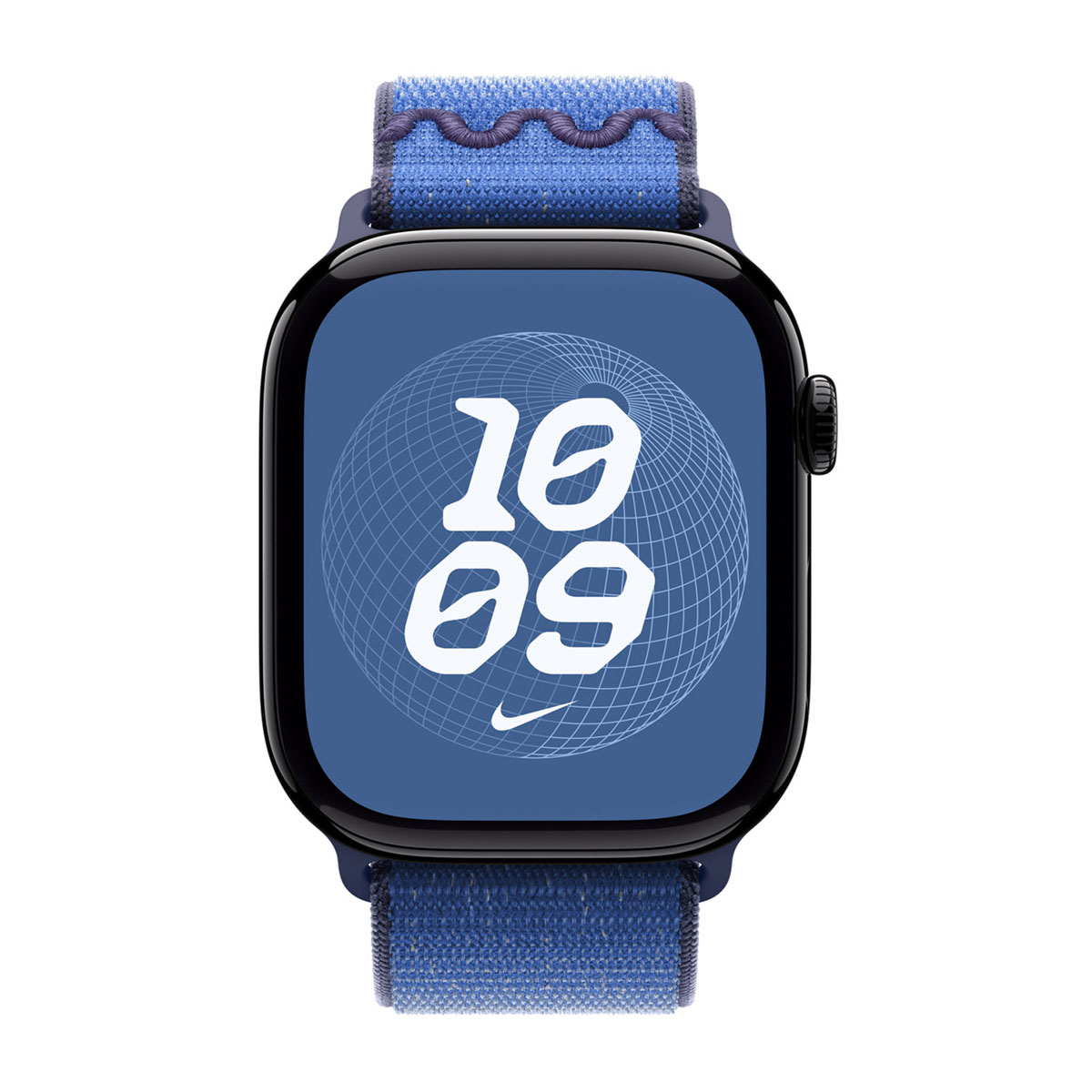 Primo piano di uno smartwatch con quadrante blu, che mostra le 10:09. Il cinturino è blu con un motivo a onda.