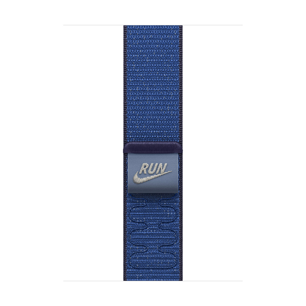 Un cinturino blu Nike. Ha un'etichetta con la scritta 'RUN' e il logo Nike.