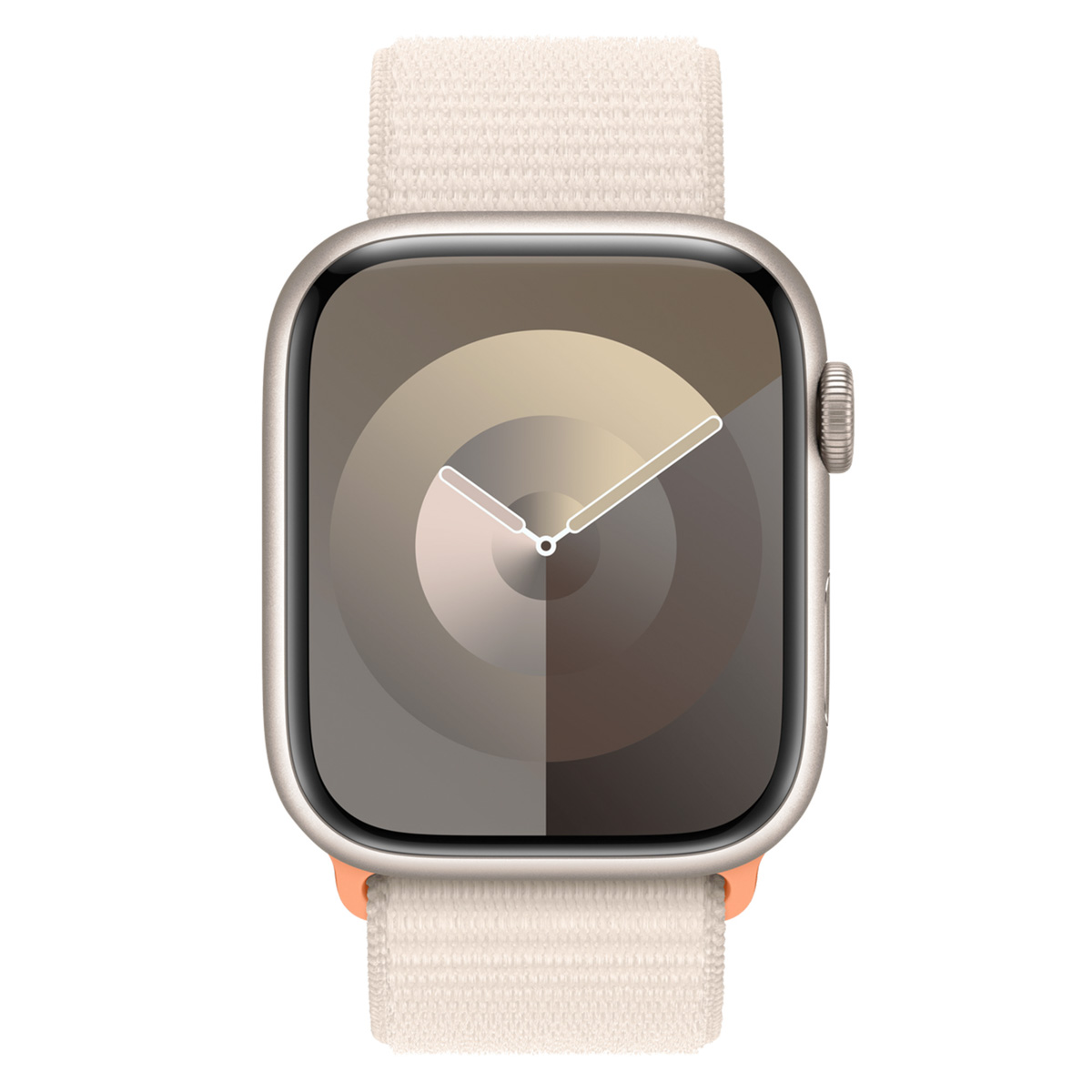 Een close-up van een smartwatch met een beige bandje. De wijzerplaat toont een verloop van bruine tinten. De band is lichtbeige.