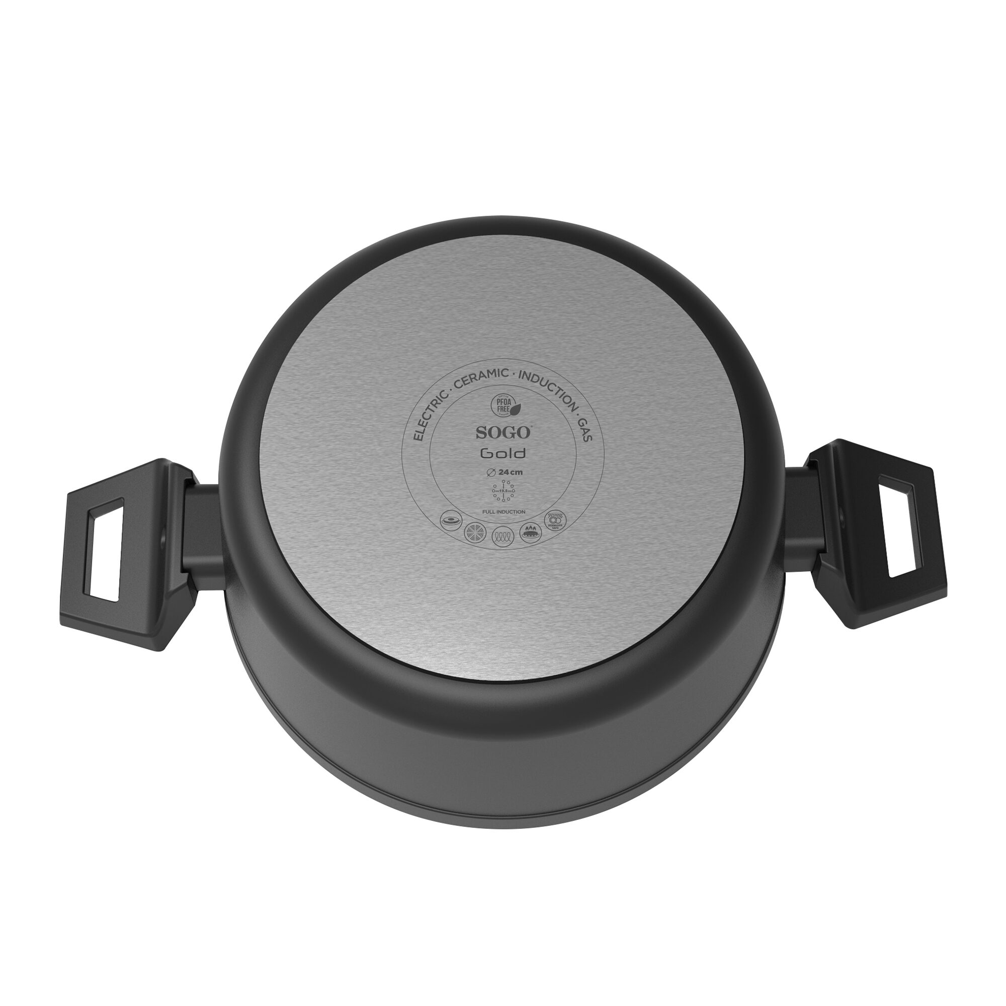 Parte inferior de una olla negra, con la marca 'SOGO Gold' y asas a ambos lados. El fondo es blanco.