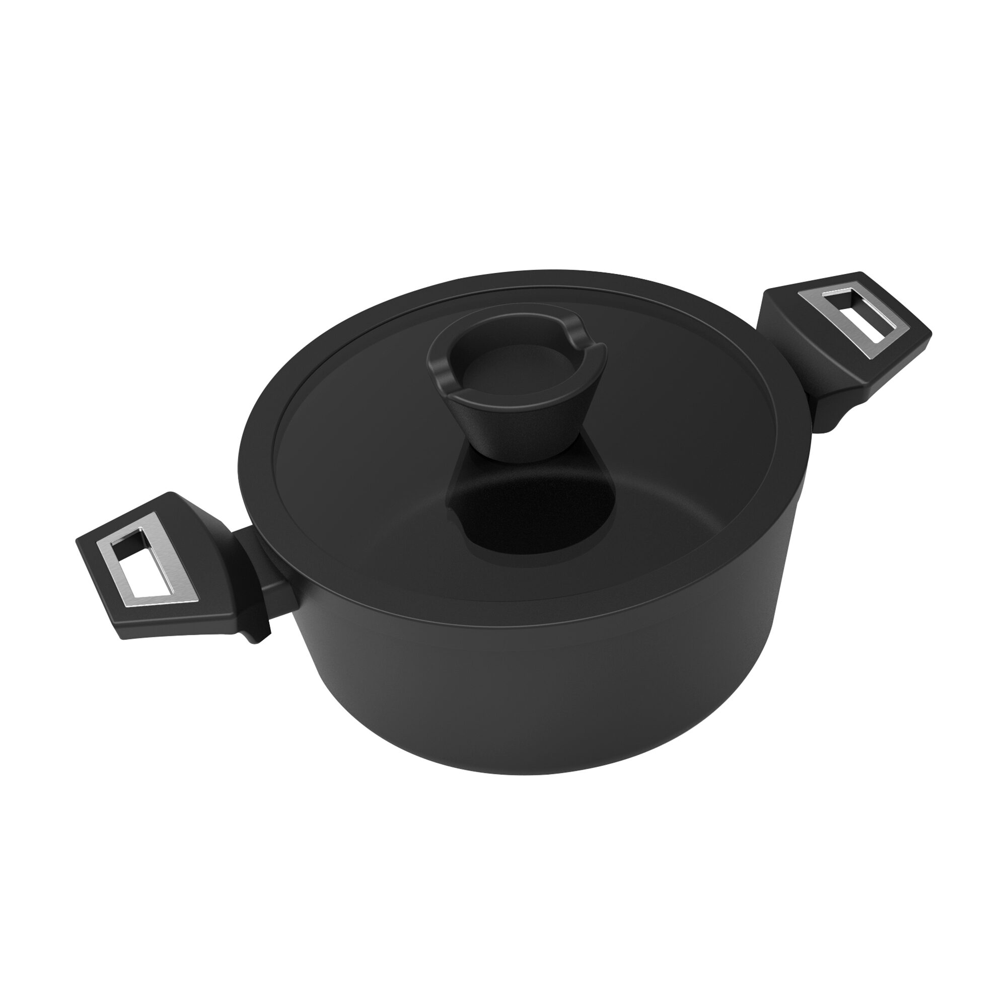 Una olla negra con tapa de cristal y dos asas, sobre un fondo blanco. La tapa tiene un asa pequeña.