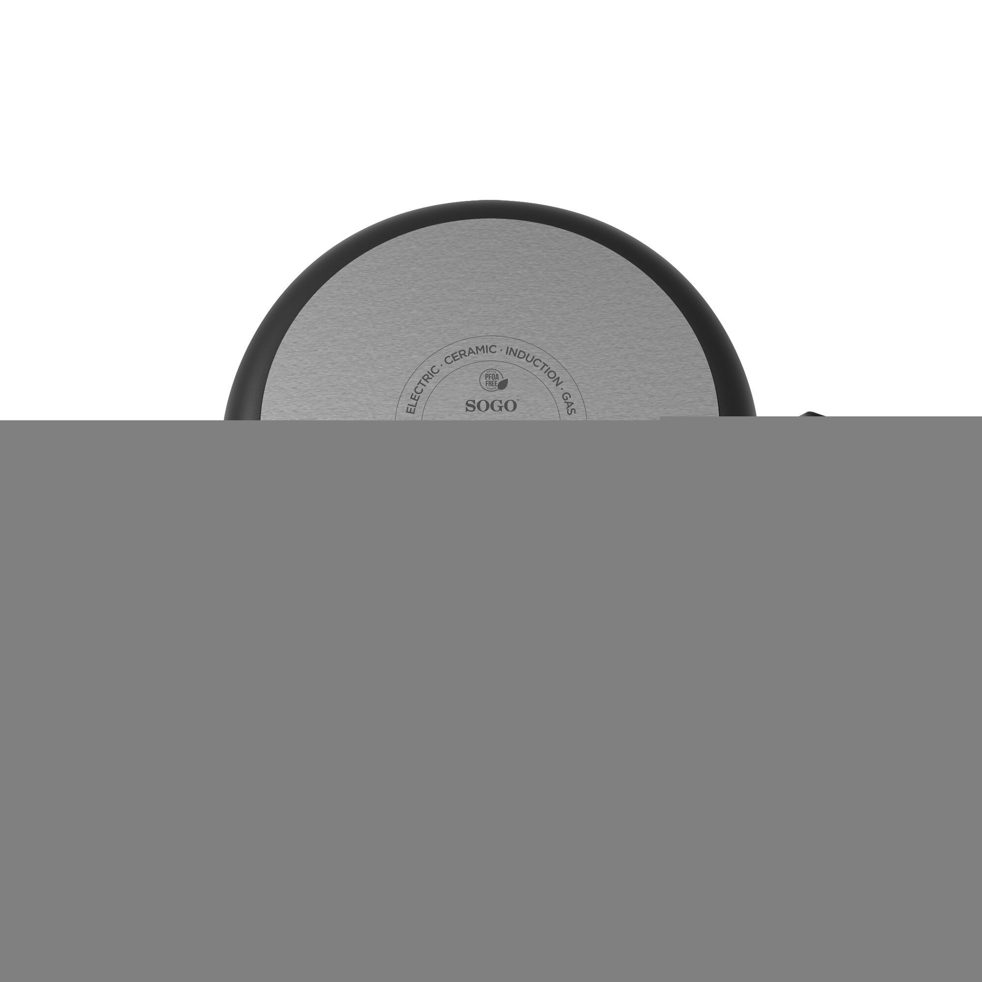 Vista de cerca de una sartén negra y gris, con la marca SOGO visible. Diseñada para uso eléctrico, cerámico e inducción.
