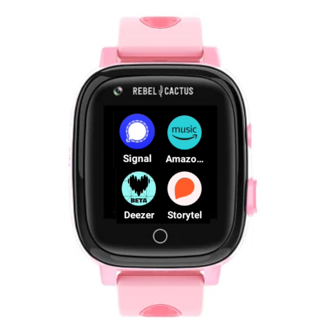 Un reloj inteligente Rebel Cactus rosa. La pantalla negra muestra iconos de aplicaciones: Signal, Amazon Music, Deezer y Storytel. Correa y caja rosas.