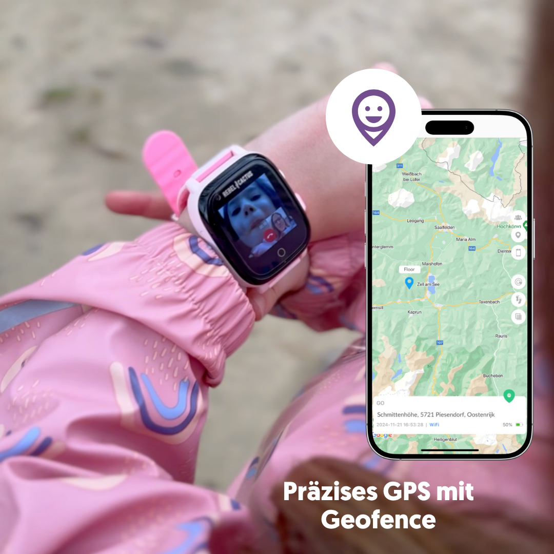 Un niño con un reloj inteligente rosa con videollamada. Un teléfono muestra un mapa con datos de ubicación. Chaqueta rosa.