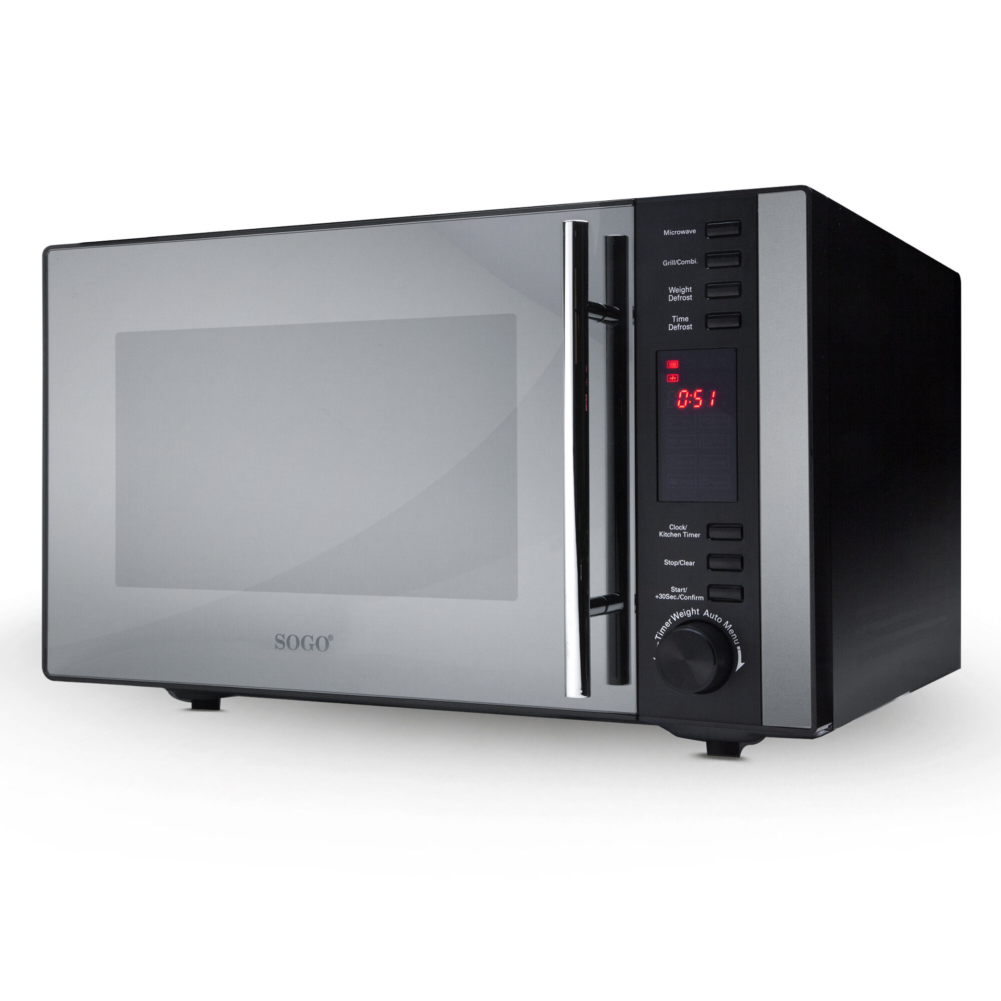 Un horno microondas Sogo. Es plateado y negro, con una pantalla digital que muestra 0:51.