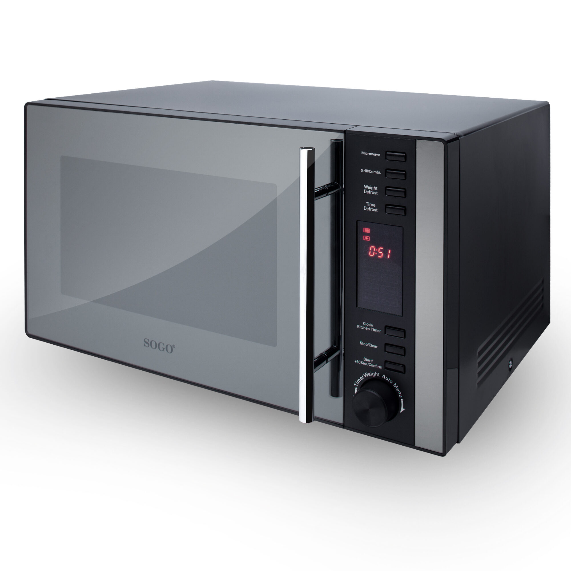 Un horno microondas SOGO negro y gris. Tiene un reloj digital que muestra 0:51. El mango es metálico.