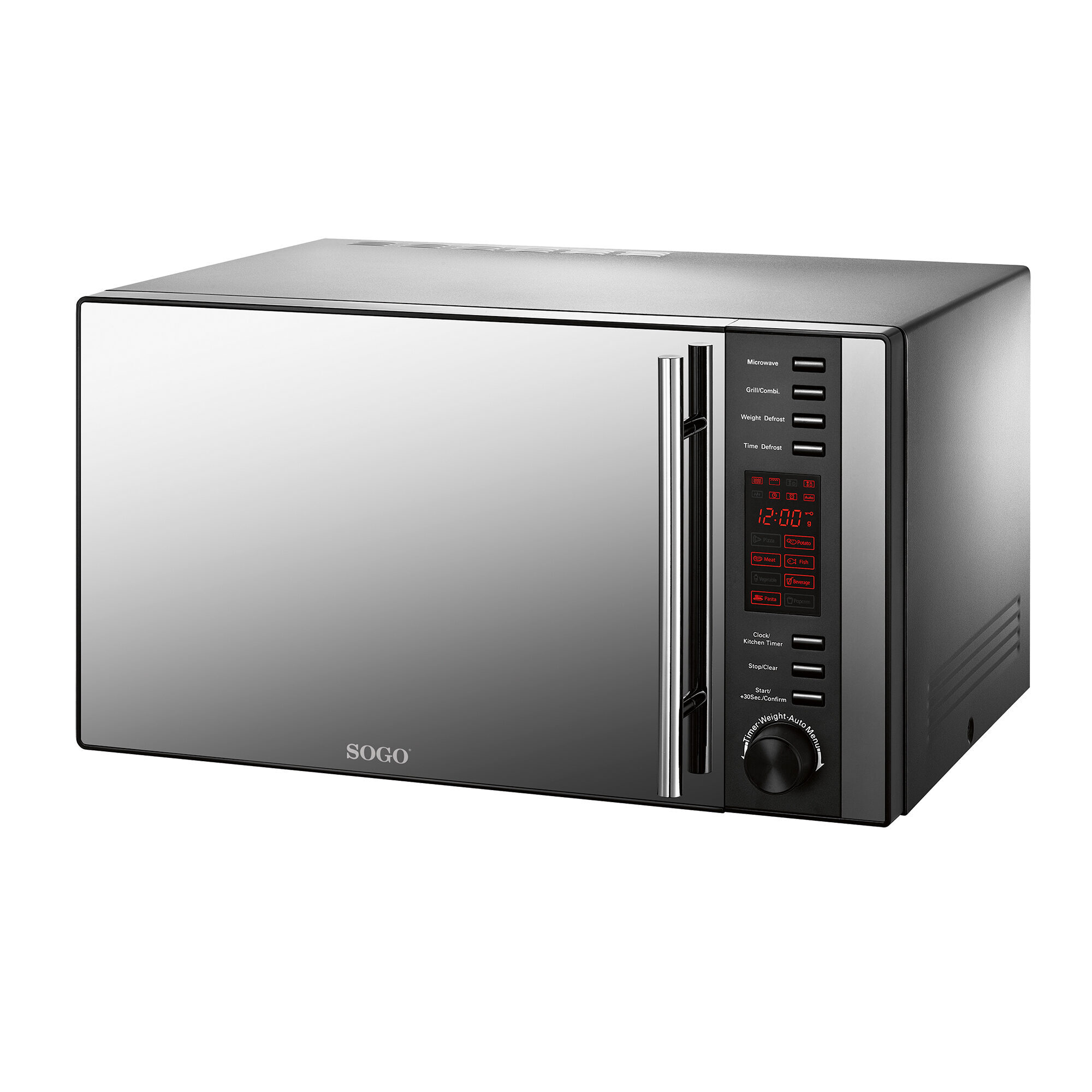 Un horno microondas Sogo. Es plateado y negro. La hora está fijada en las 12:00. Panel de control a la derecha.