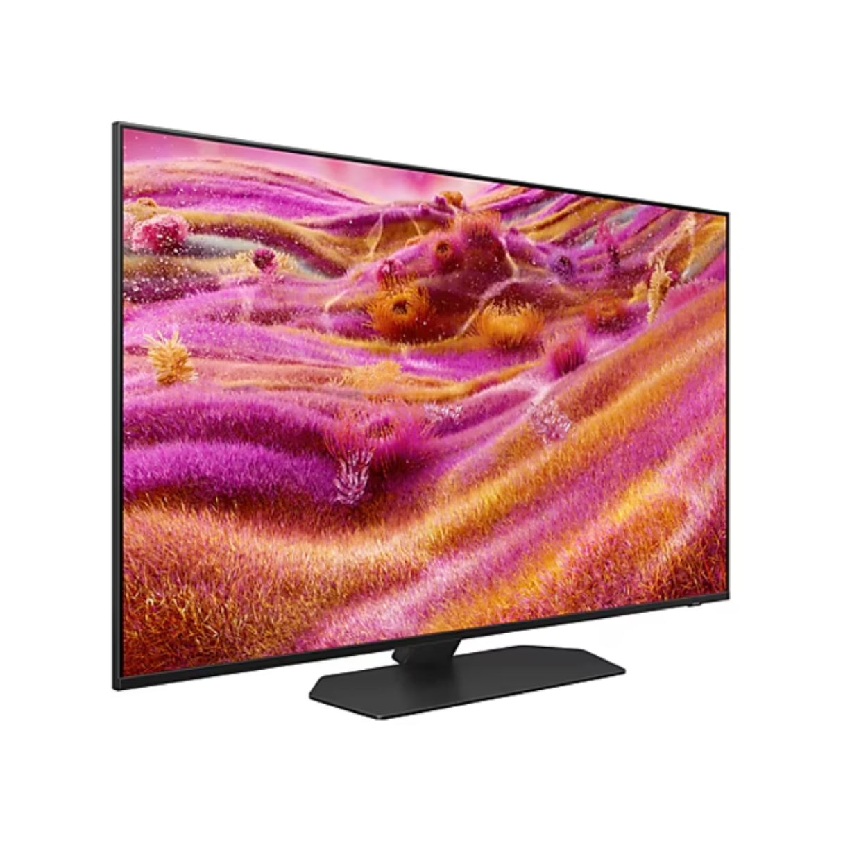 Una TV a schermo piatto mostra un'immagine astratta colorata con tonalità viola, arancioni e gialle, su una base nera.