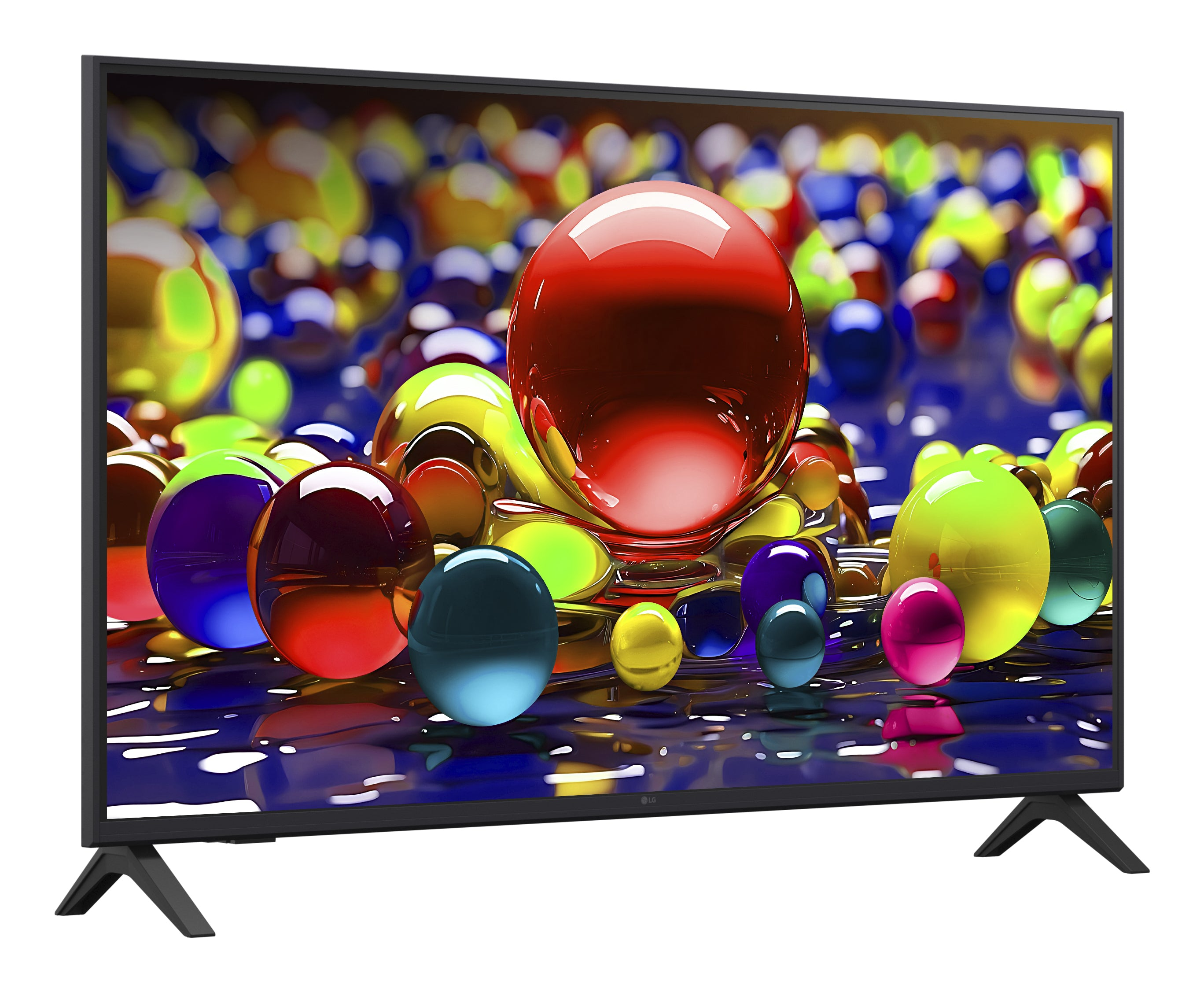 Écran de télévision avec des sphères colorées et brillantes. Sphère rouge au centre. Support TV noir.