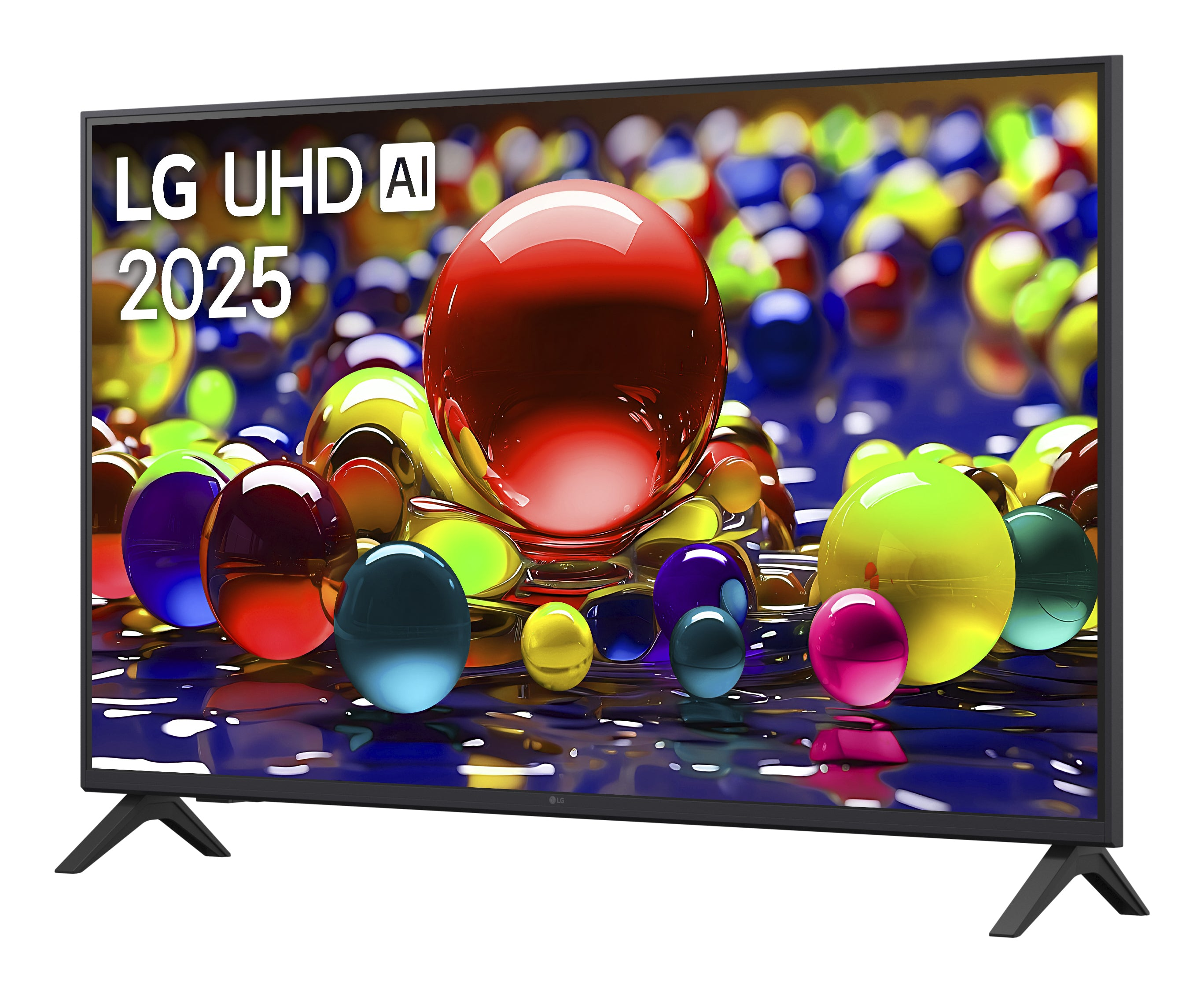 Le téléviseur LG UHD AI 2025 affiche des sphères colorées. Le téléviseur a un cadre et un pied noirs.