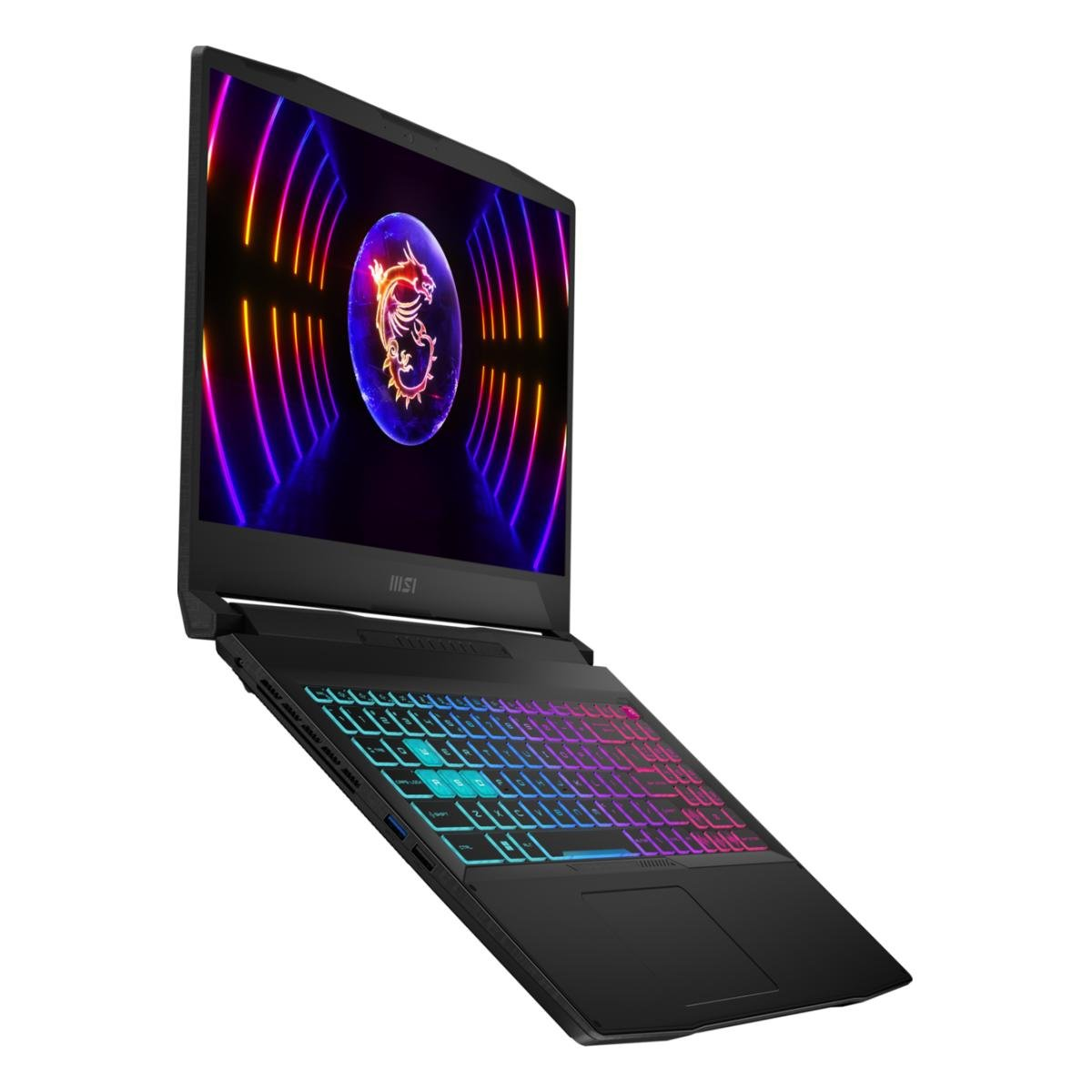 Schwarzer MSI-Laptop mit beleuchteter Tastatur. Der Bildschirm zeigt ein Drachenlogo mit farbenfrohem Hintergrund. Der Laptop ist angewinkelt und freigestellt.