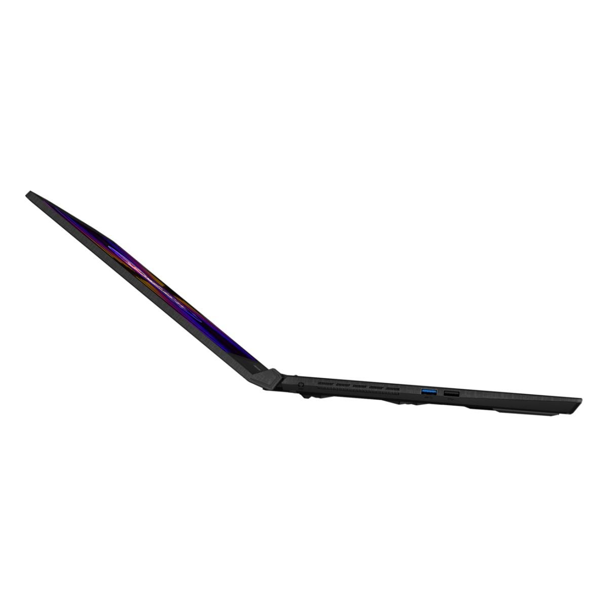 Ein schwarzer Laptop wird im Profil gezeigt. Der Bildschirm ist geöffnet und zeigt bunte Farbverläufe. Der Laptop steht vor einem weißen Hintergrund.