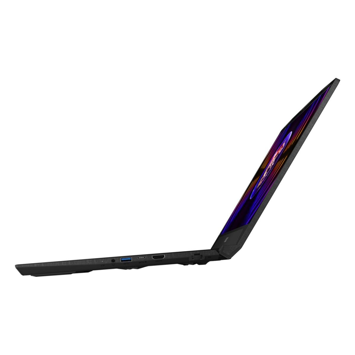 Seitenansicht eines schwarzen Laptops. Der Bildschirm ist geöffnet und zeigt bunte Grafiken. Der Hintergrund ist weiß.