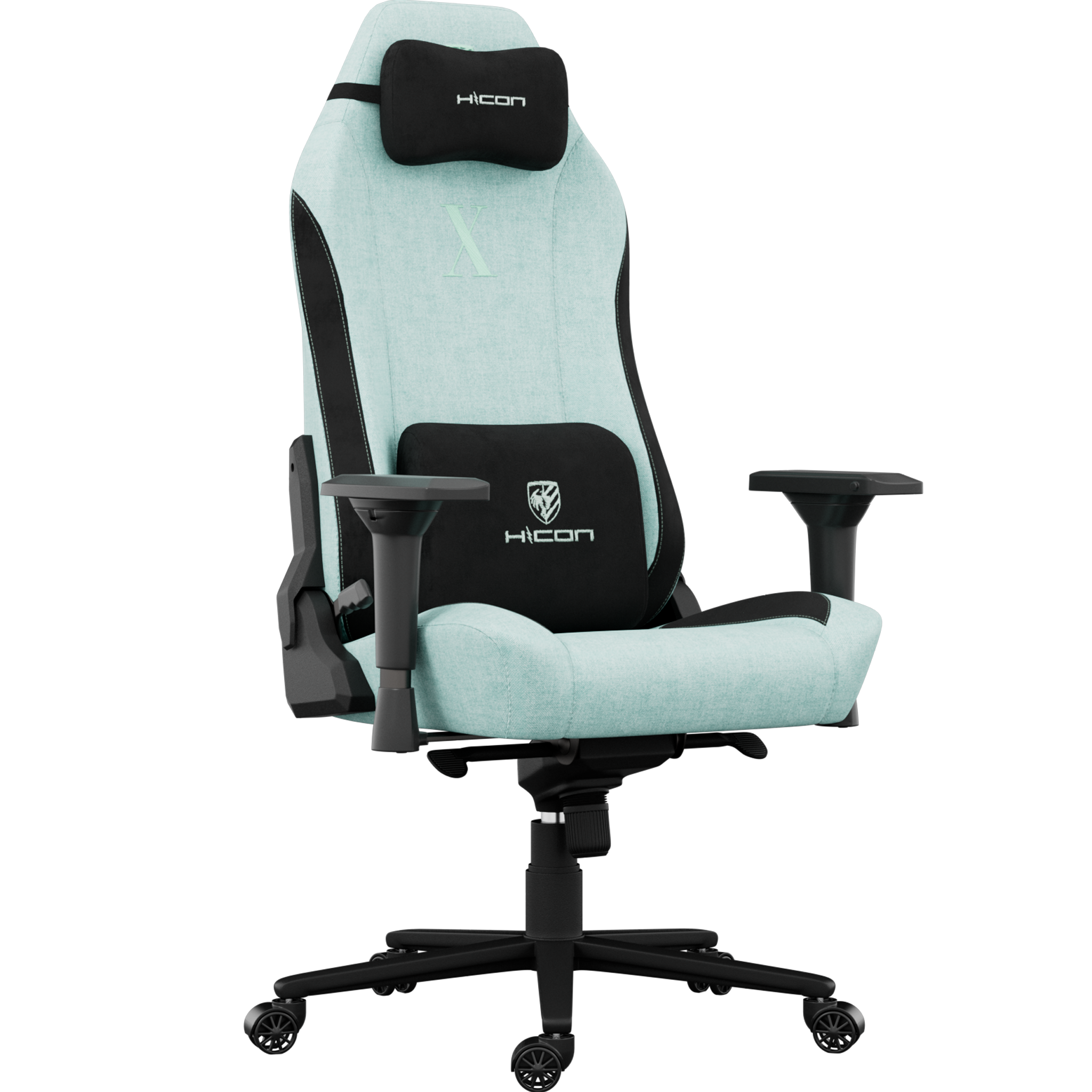 Chaise gaming avec tissu bleu-vert, détails noirs, logo 'HICON'. Accoudoirs, appui-tête et support lombaire.
