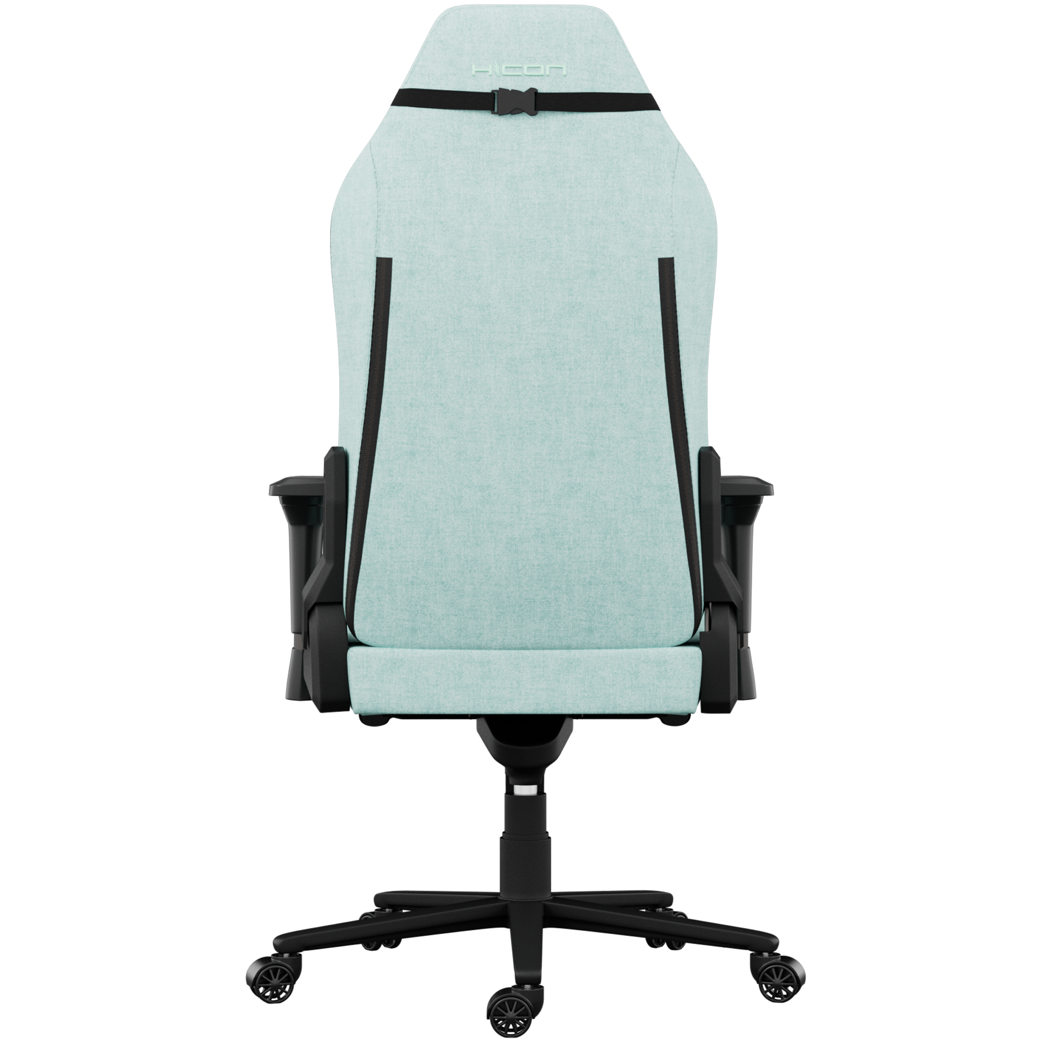 Une chaise de jeu bleu clair, vue de dos. Cadre et roues noirs. La marque "AICON" est visible.