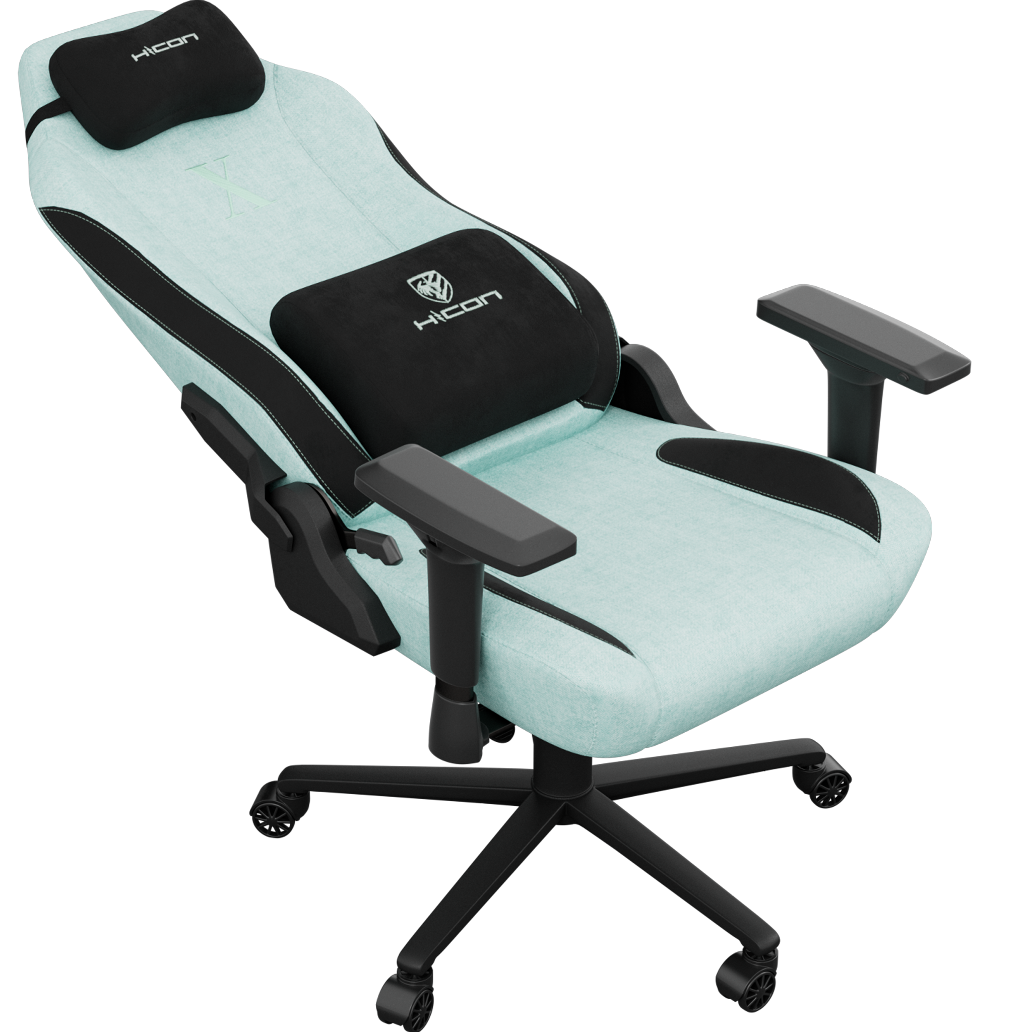 Chaise gaming avec assise bleu clair et détails noirs. Avec appui-tête, support lombaire et accoudoirs.