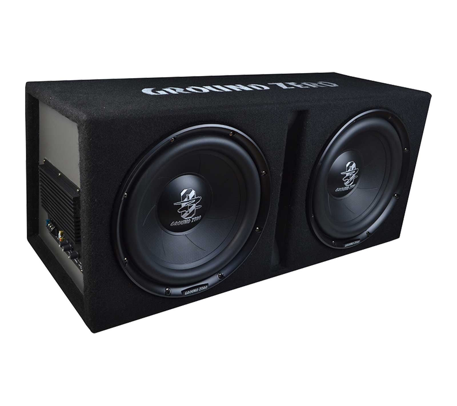 Schwarzes Ground Zero Subwoofer-Gehäuse. Zwei große Lautsprecher sind sichtbar. Der Markenname steht oben.