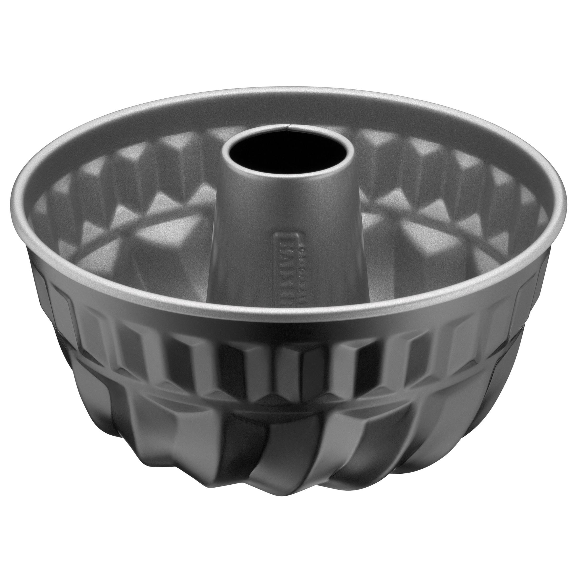 Graue Gugelhupf-Form mit Mittelrohr. Es hat ein gemustertes Design an den Seiten und einen glatten Rand.