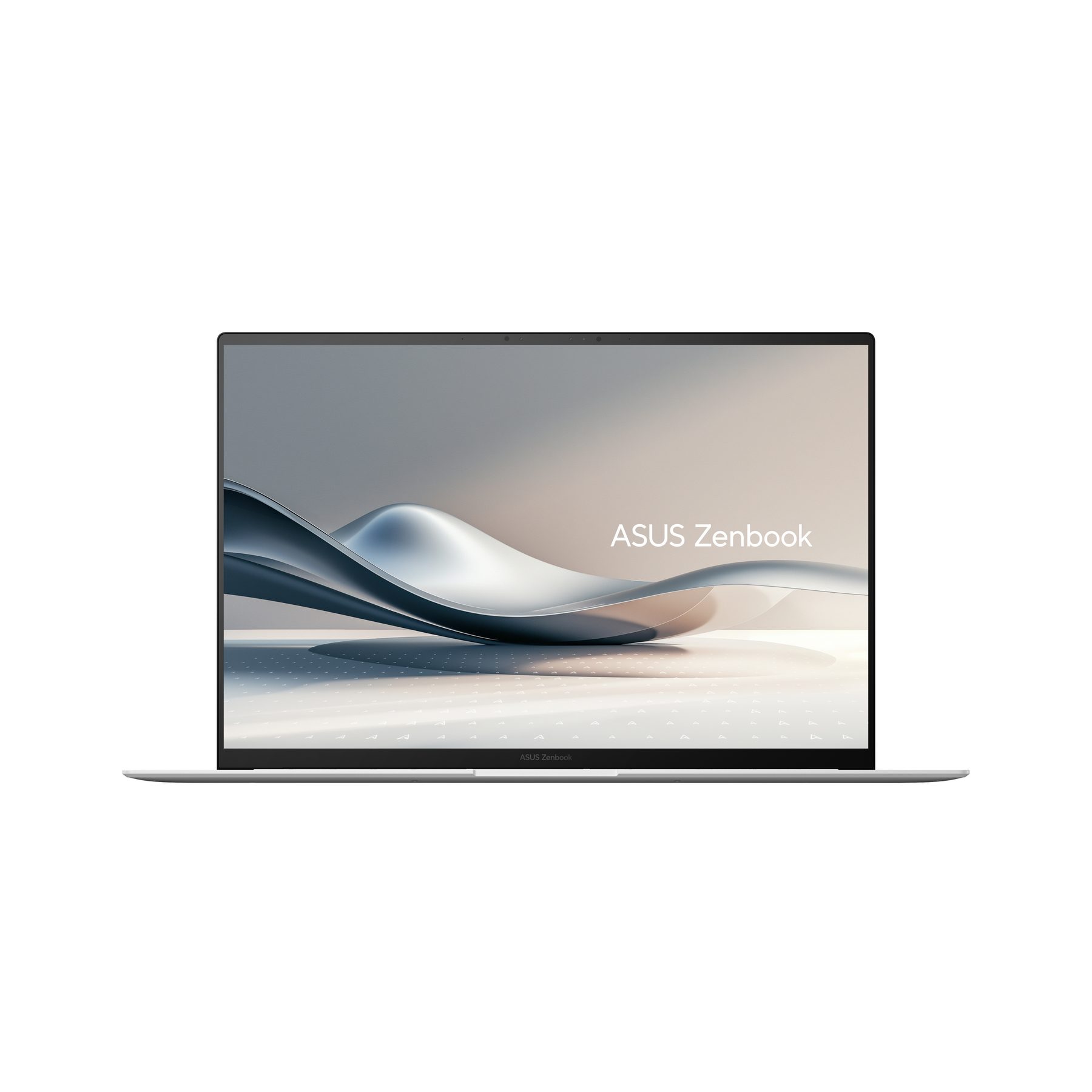 Laptop ASUS Zenbook argento. Lo schermo mostra arte astratta. Sfondo bianco.