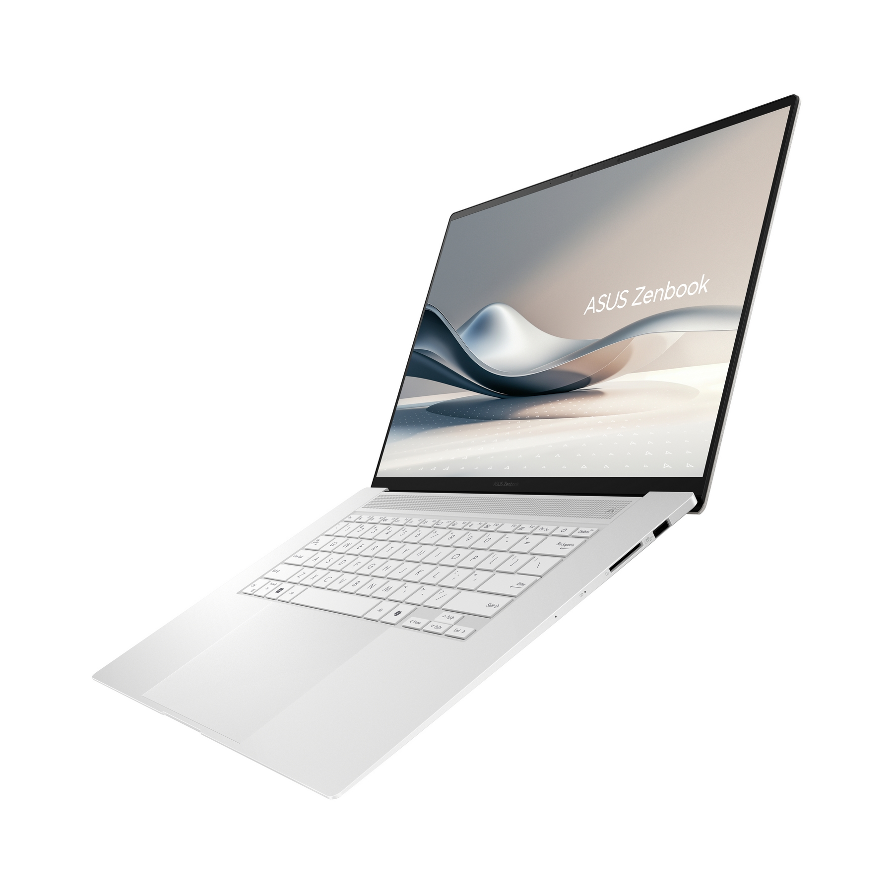 Laptop ASUS Zenbook bianco, aperto, mostra tastiera e schermo con un design a onda. Isolato su sfondo bianco.