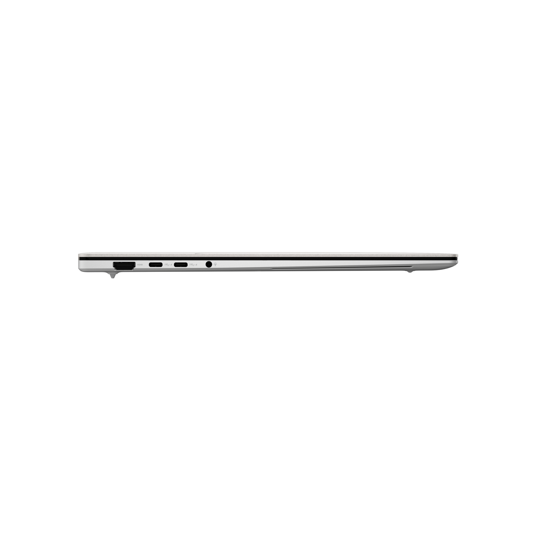 Vista laterale di un laptop argentato. Porte visibili: HDMI e USB-C. Lo sfondo è bianco.