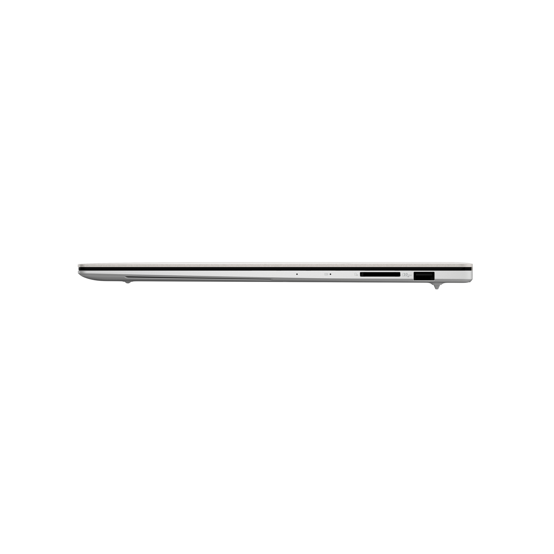Vista laterale di un laptop argentato. Il laptop è sottile e ha delle porte laterali. Lo sfondo è bianco.