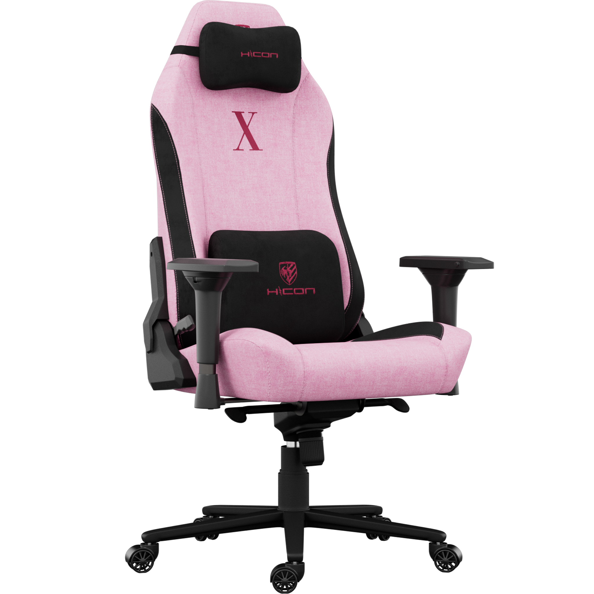 Chaise de jeu rose et noire. Elle a un appui-tête et un support lombaire, avec la marque 'HICON'.