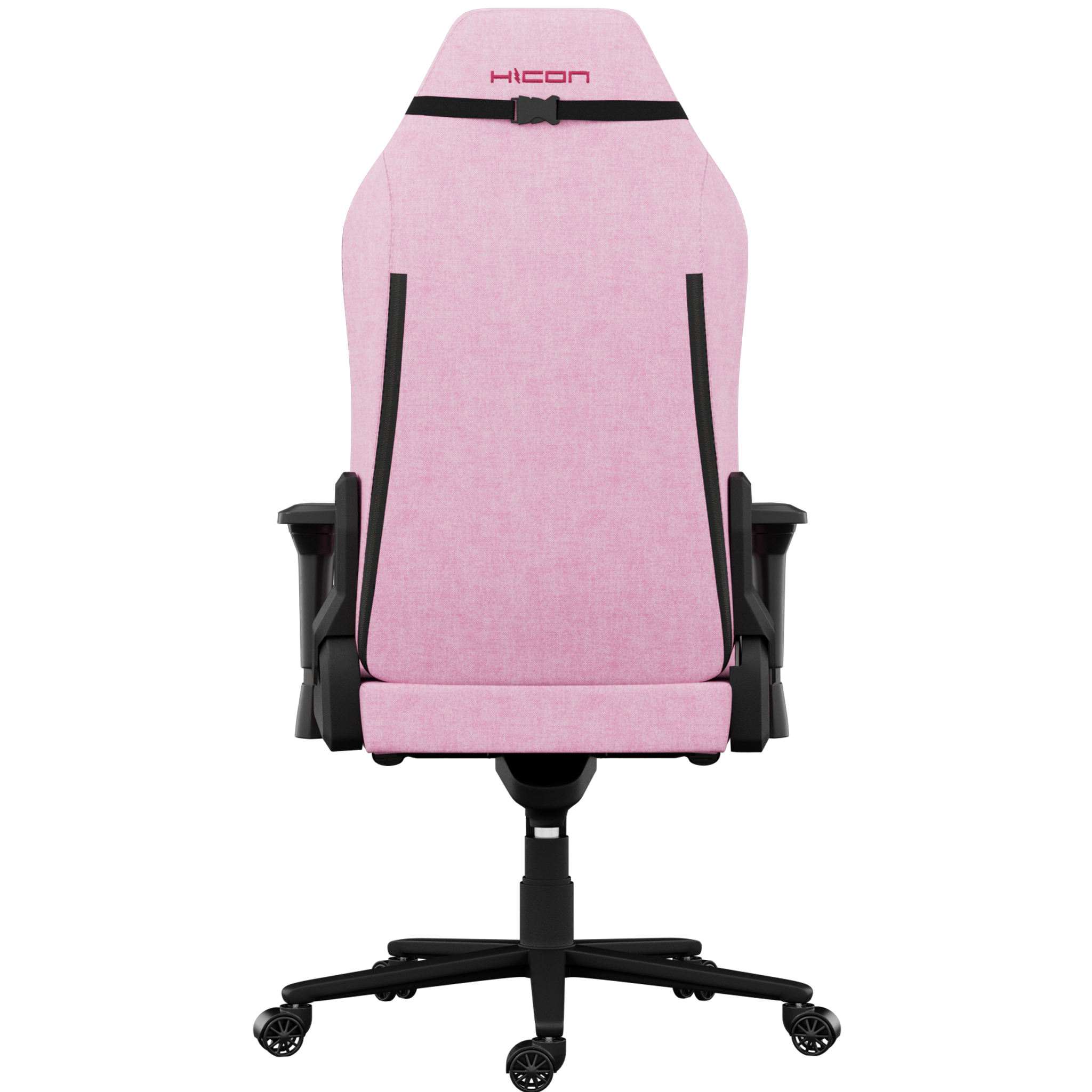 Chaise de jeu rose avec des accents noirs et un logo HICON. Base et roulettes noires sur fond noir.