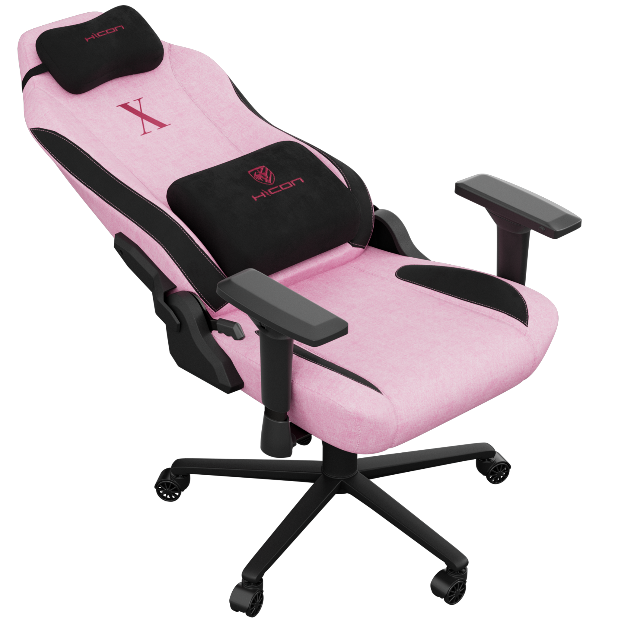 Une chaise gaming rose avec des détails noirs. Elle a un appui-tête avec le logo 'HICON' et un grand 'X'.