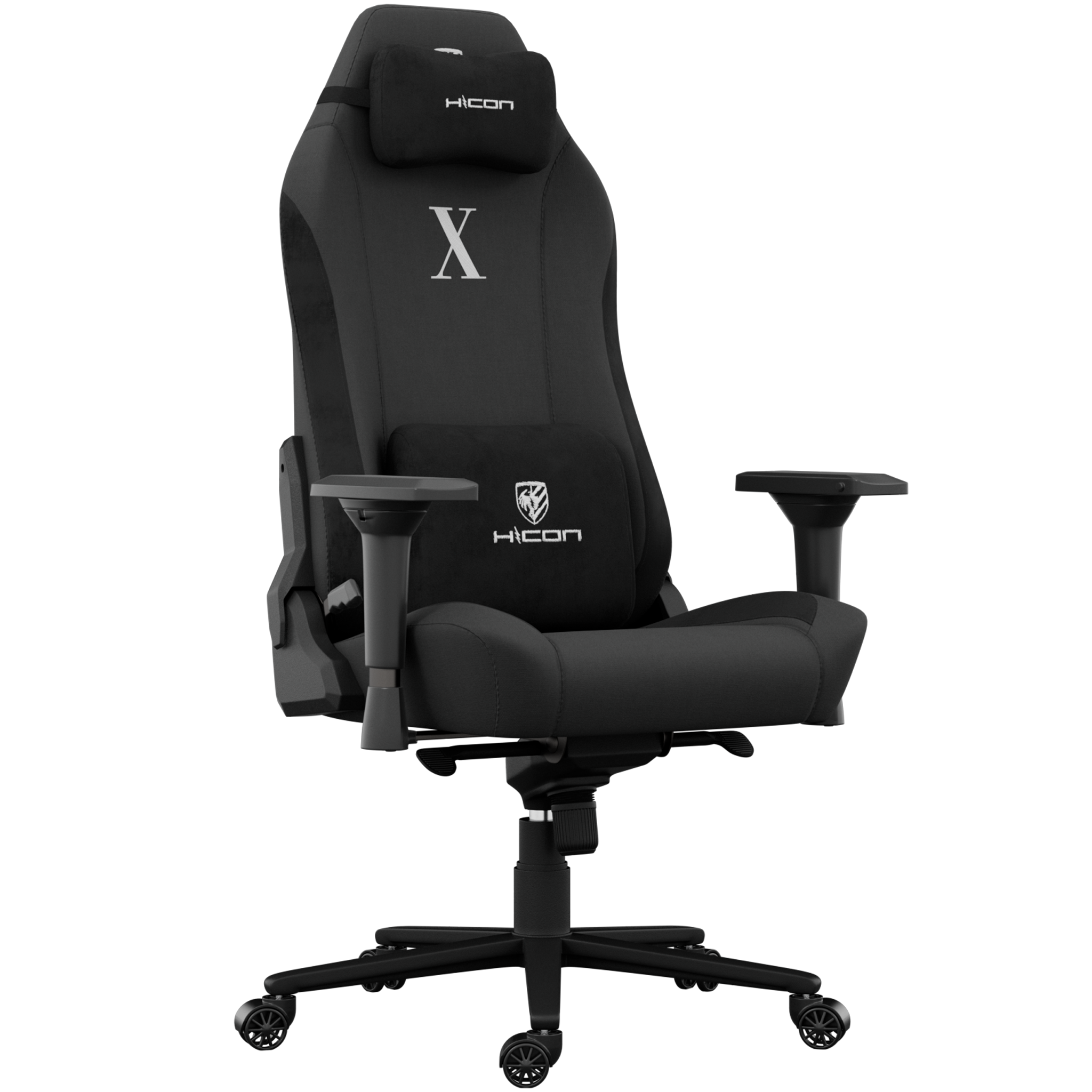 Chaise gaming noire avec logo, appuie-tête, support lombaire, accoudoirs et base à cinq roulettes, sur fond noir.
