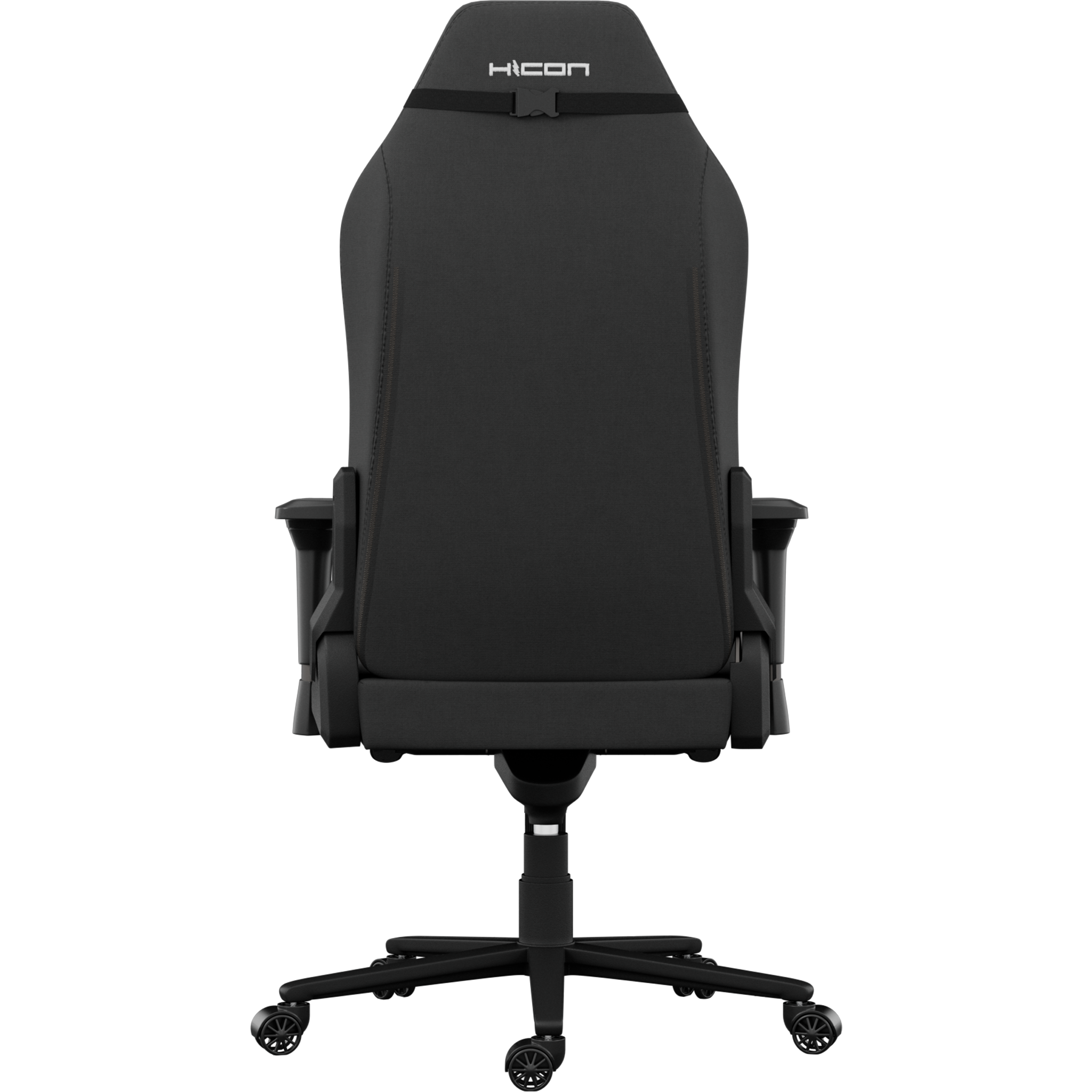 Une chaise de jeu noire est centrée sur un fond sombre. La chaise a un appui-tête avec le mot HICON.