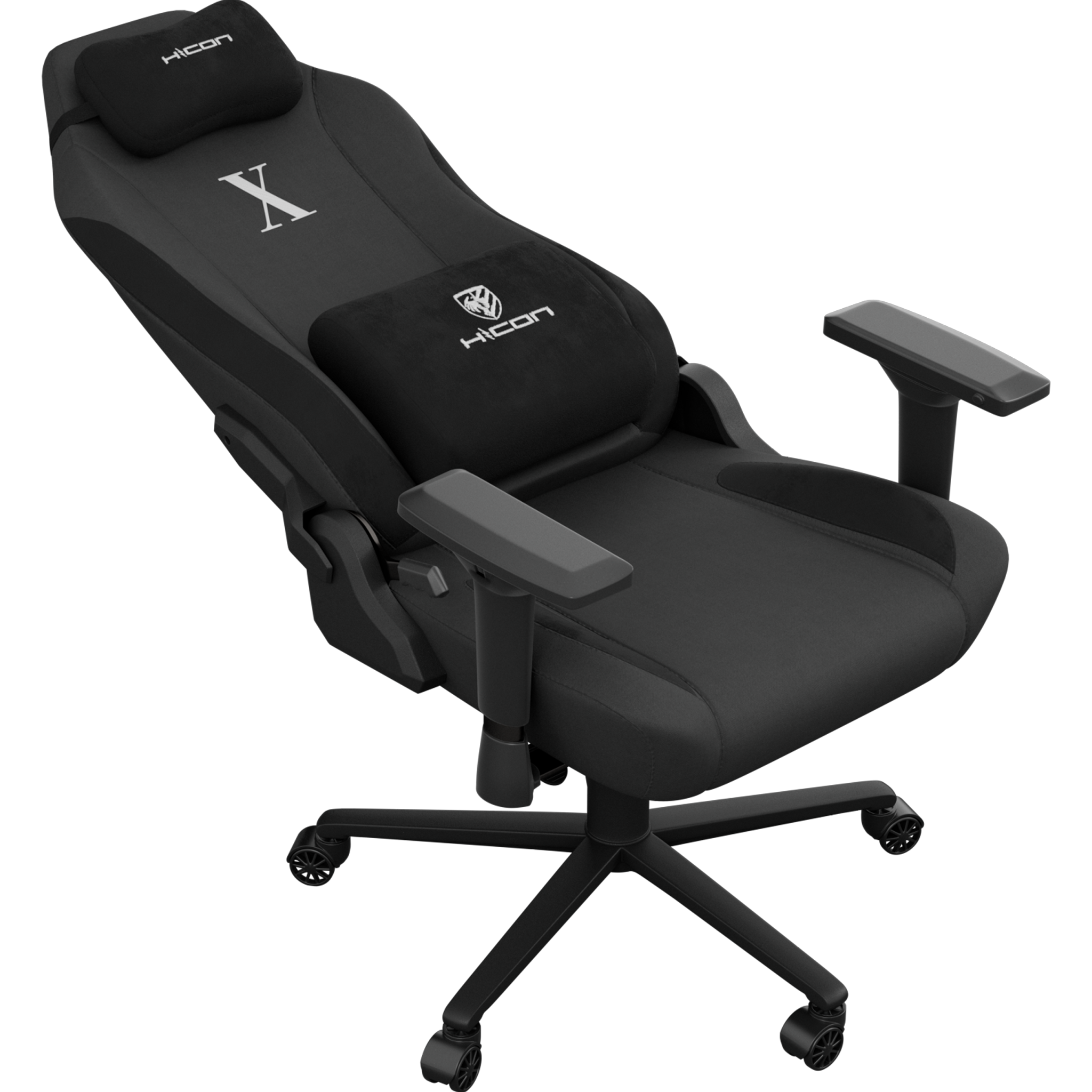 Une chaise de jeu noire avec un appui-tête, un dossier et des accoudoirs. La chaise porte la lettre X dans le dos.