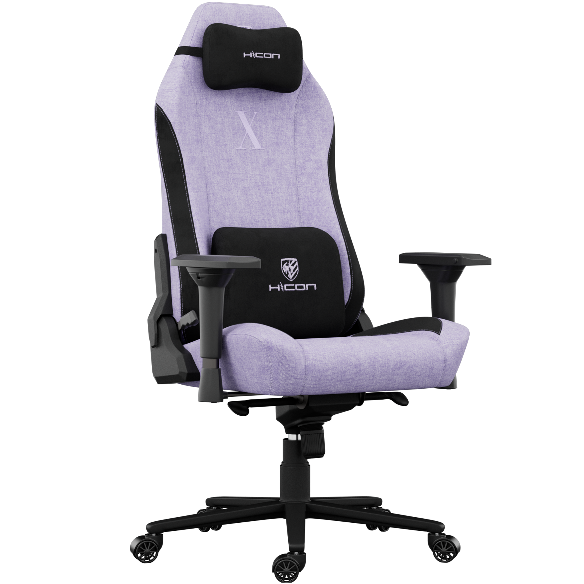 Une chaise de jeu lavande avec des accents noirs. Elle possède un appui-tête et un support lombaire, tous deux avec des logos.