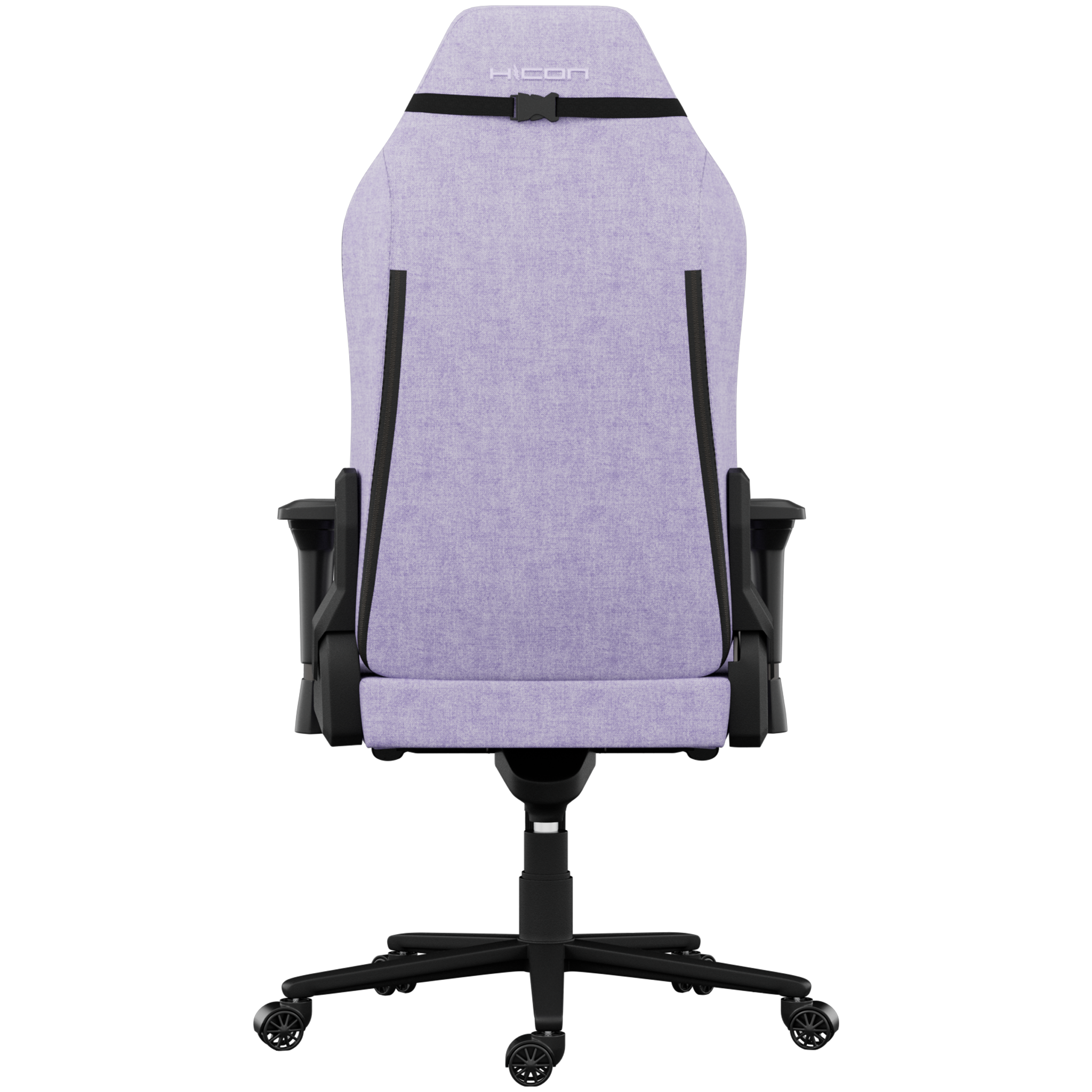 Une chaise de jeu violette, vue de dos. Elle a des accents noirs et une base noire avec des roues. La marque 'HICON' est visible.