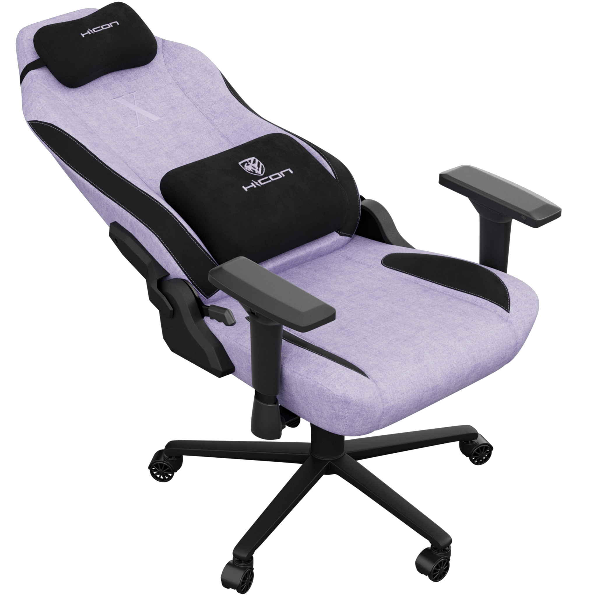 Une chaise gaming avec assise violette, accents noirs et base noire. L'appui-tête et le soutien lombaire sont noirs.