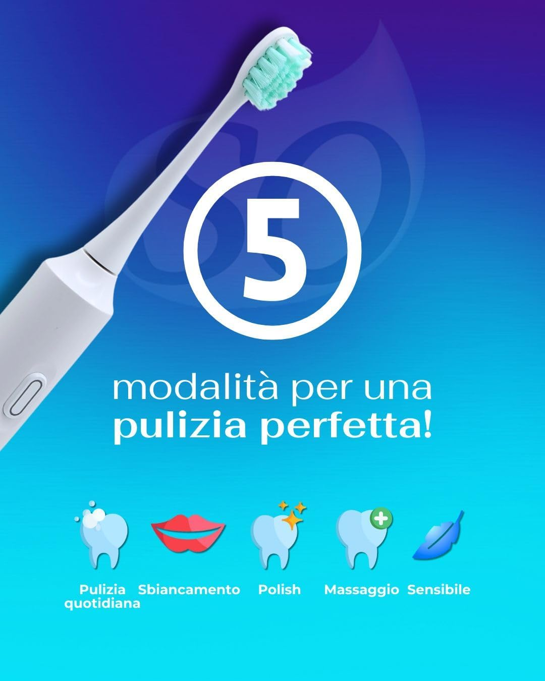 Uno spazzolino elettrico con testina verde menta. Un numero 5 bianco in un cerchio e icone per le modalità di pulizia.