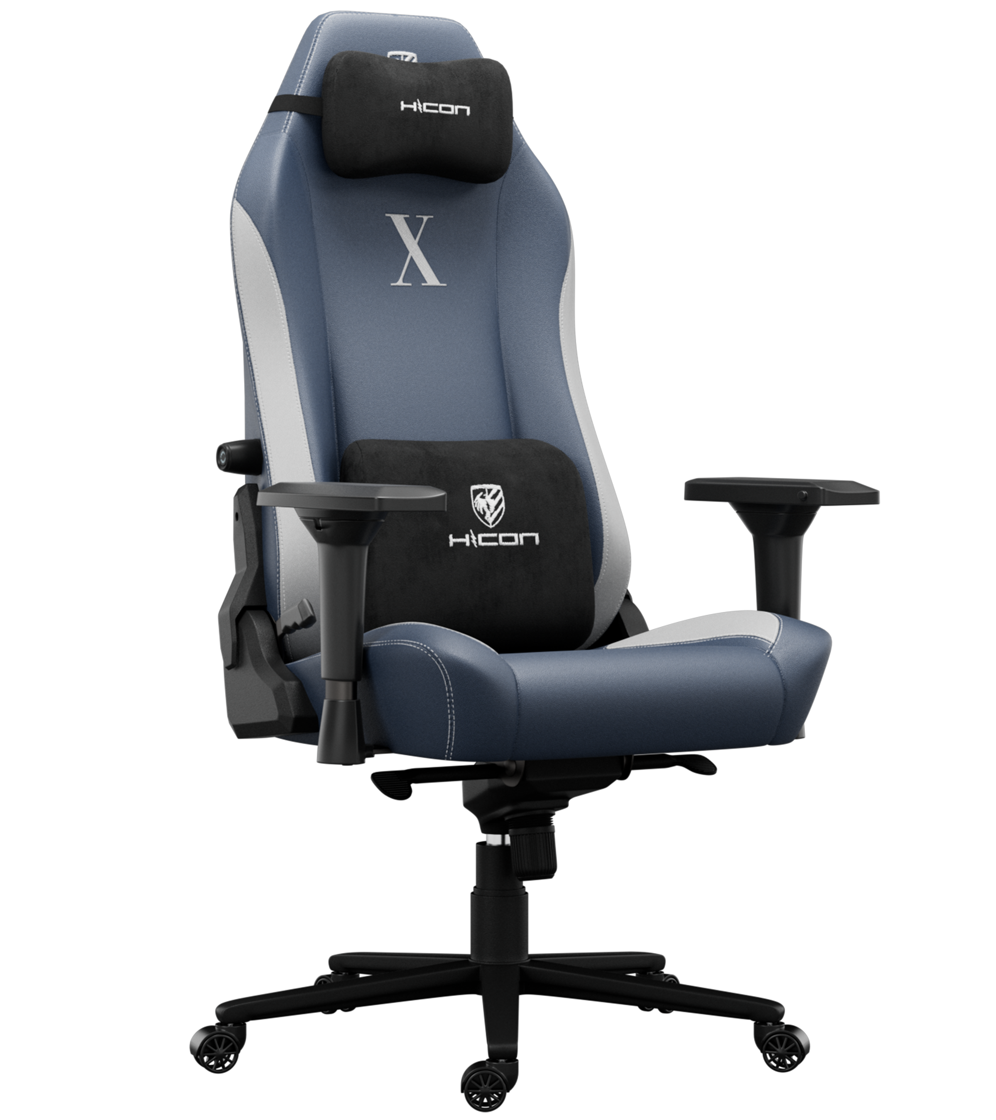 Gamingstoel in blauw en wit. Inclusief hoofdsteun en lendenkussens. Zwarte basis met wielen.